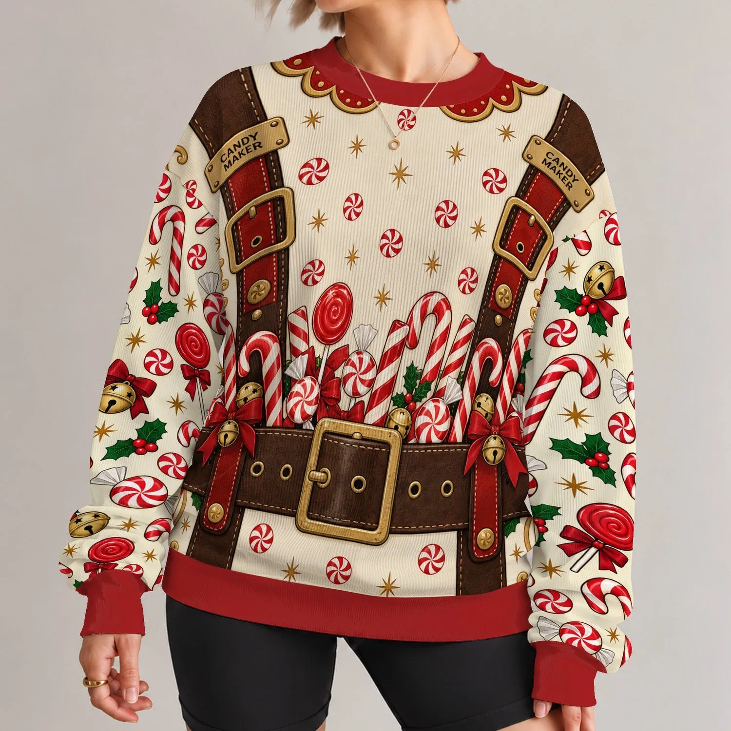 Candy Maker Peppermint Belt and Candy Cane Holiday Look for Christmas Sweet Shop Fans All-over Print Knitted Sweater - 1