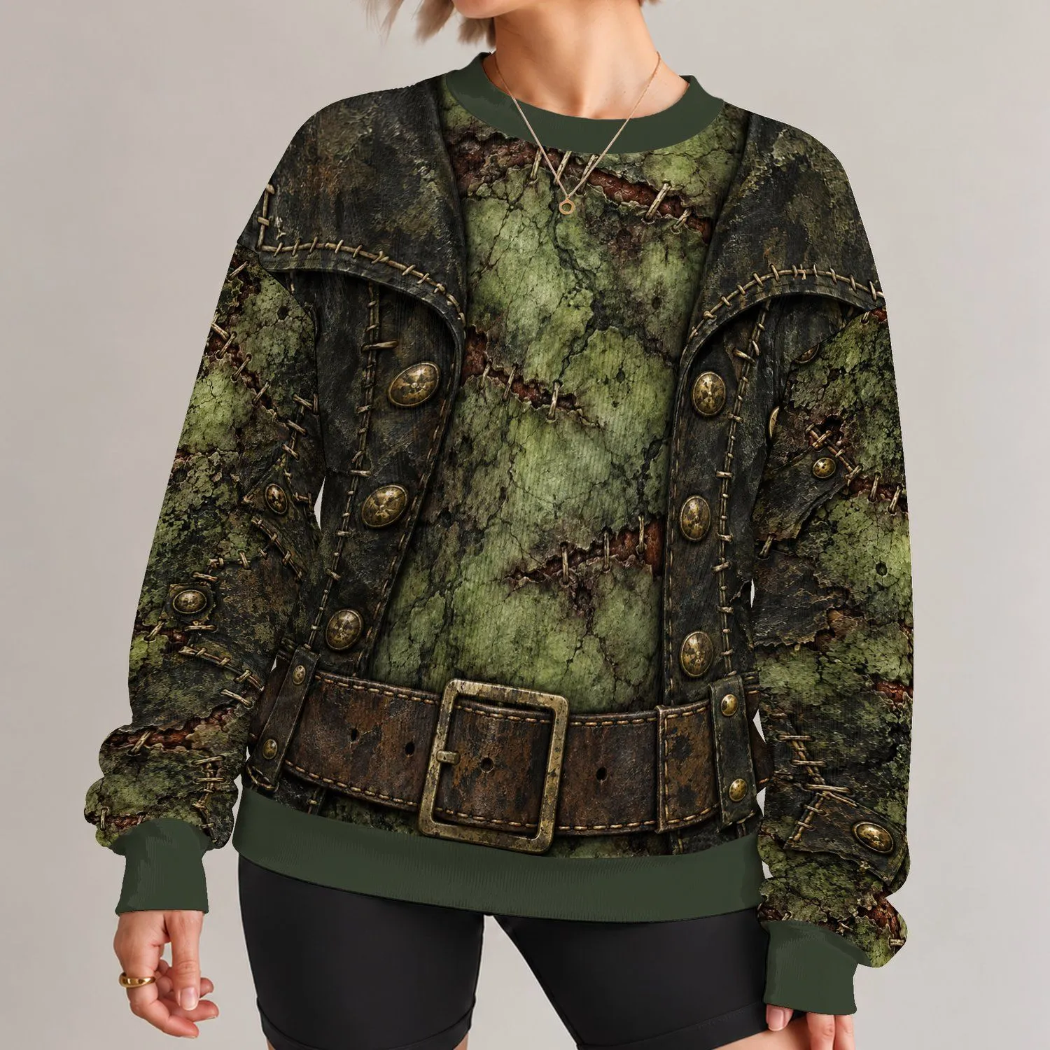 Stitched Green Monster Outfit for Halloween Parties and Spooky Costume Fans All-over Print Knitted Sweater - 1