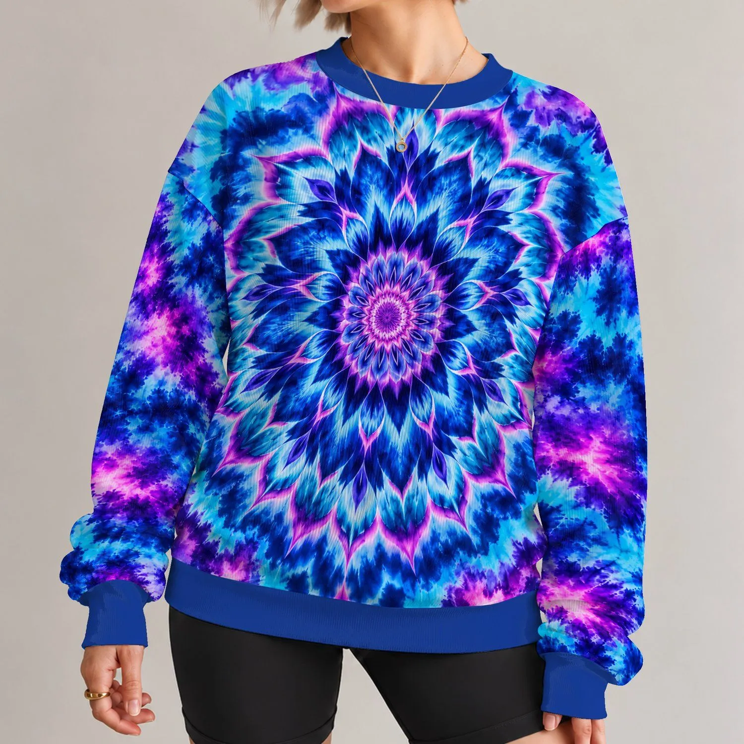 Blue Violet Mandala Tie-Dye for Bohemian Spring and Autumn Everyday Style for Women All-over Print Knitted Sweater - 1