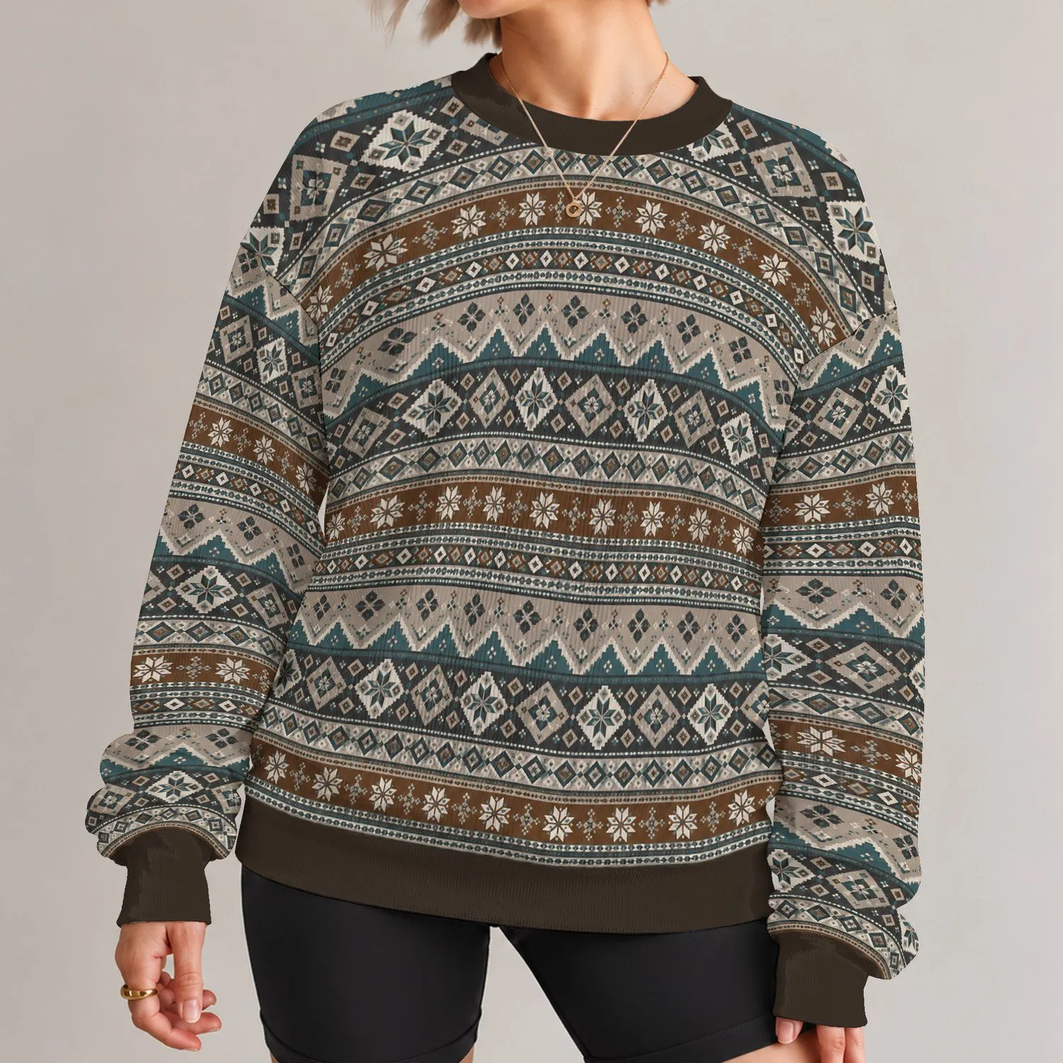 Teal And Taupe Nordic Geometric Motifs For Cozy Autumn Weekends And Everyday Wear All-over Print Knitted Sweater - 1