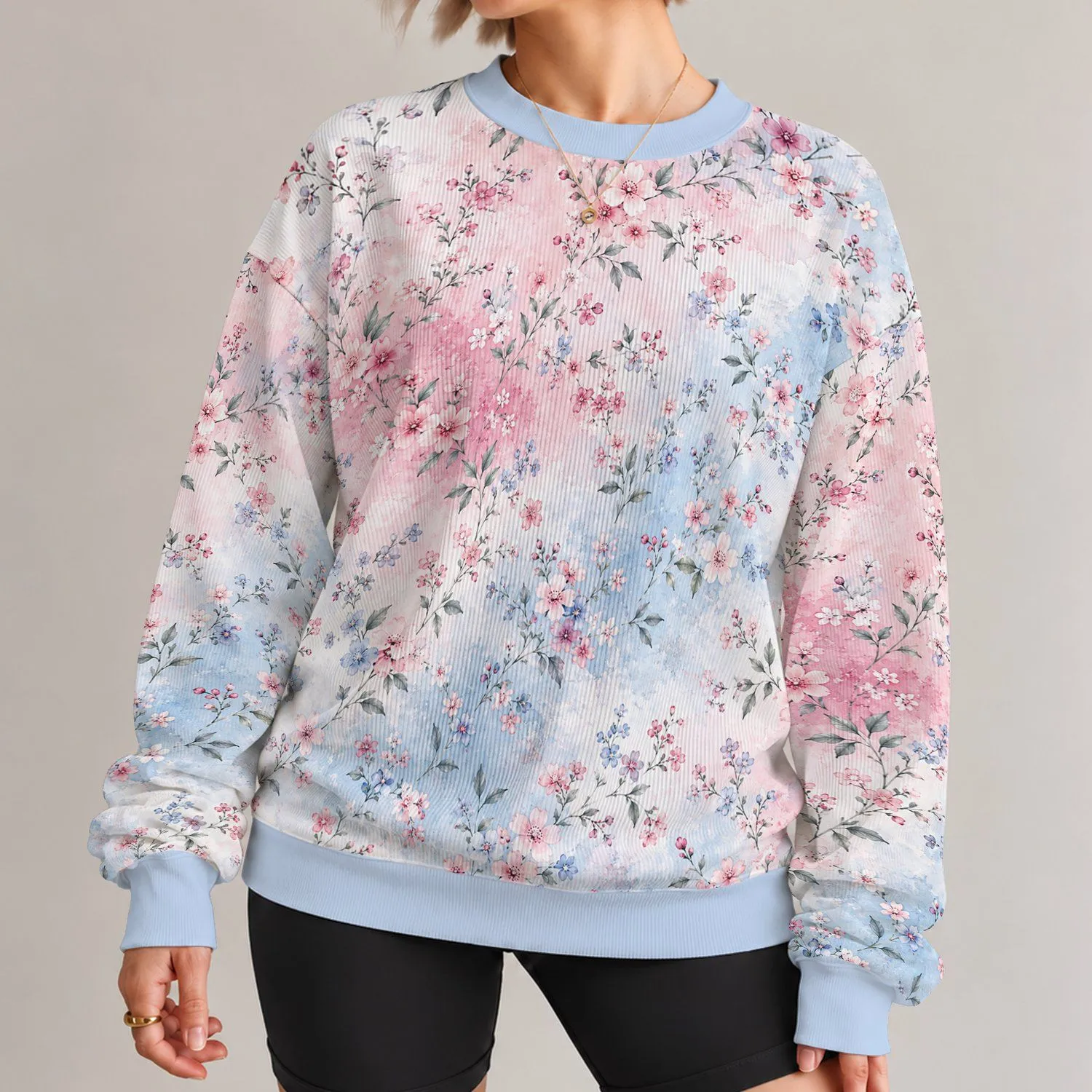 Pink Blue Floral Botanical Sweater Look for Spring Days and Everyday Wear All-over Print Knitted Sweater - 1