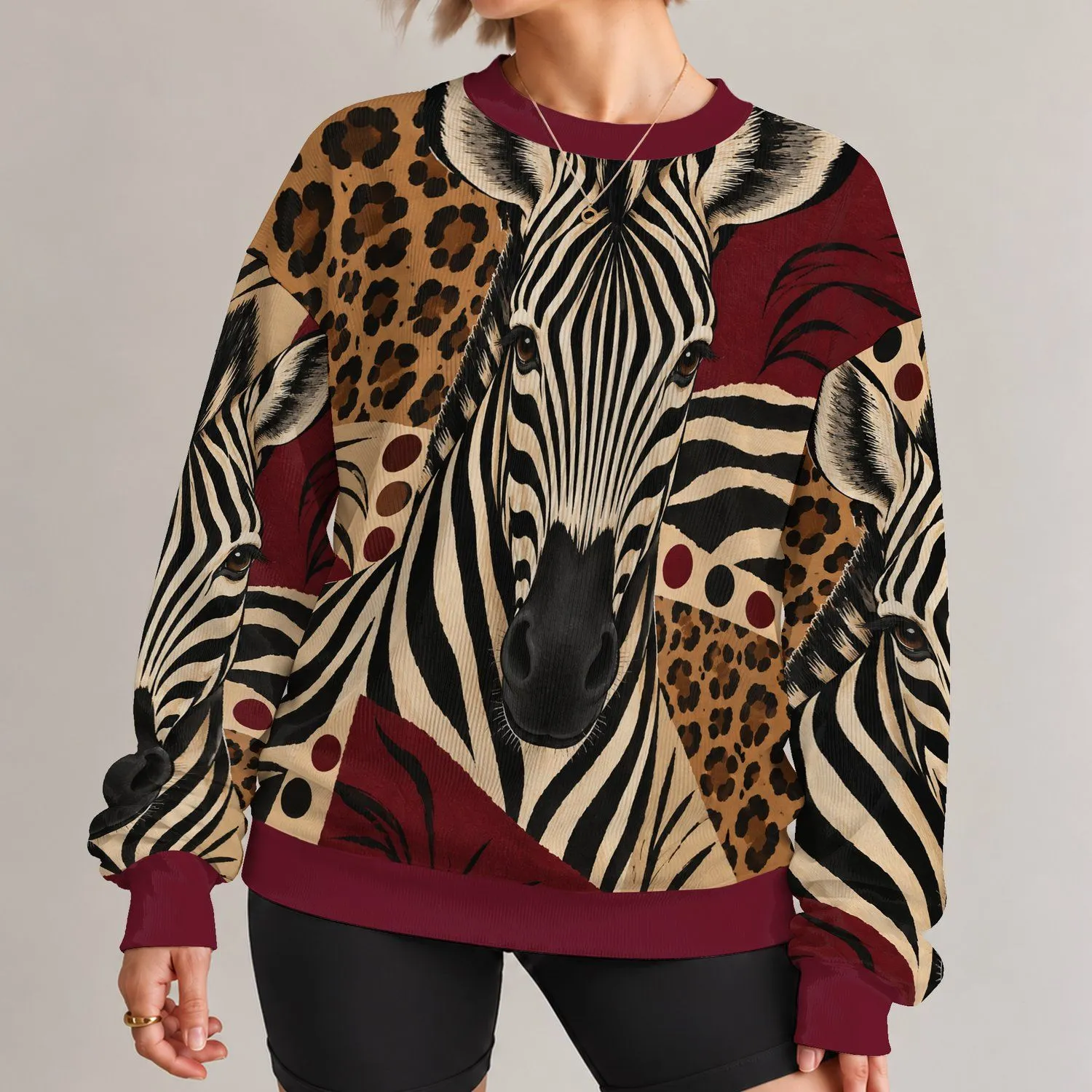 Zebra And Leopard Patchwork Animal Motif For Everyday Casual Style All-over Print Knitted Sweater - 1