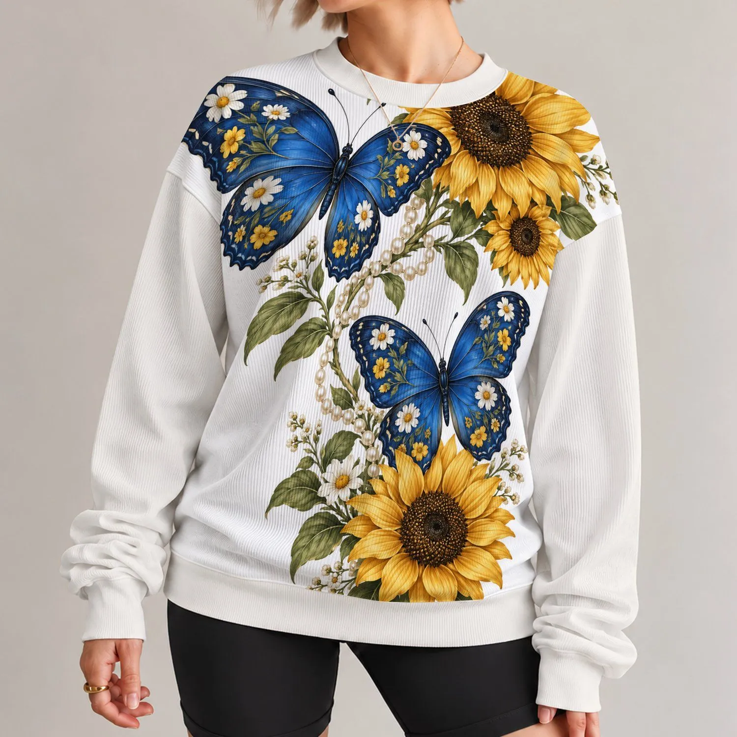 Blue Butterfly Sunflower Garden for Spring Outings and Everyday Wear All-over Print Knitted Sweater - 1