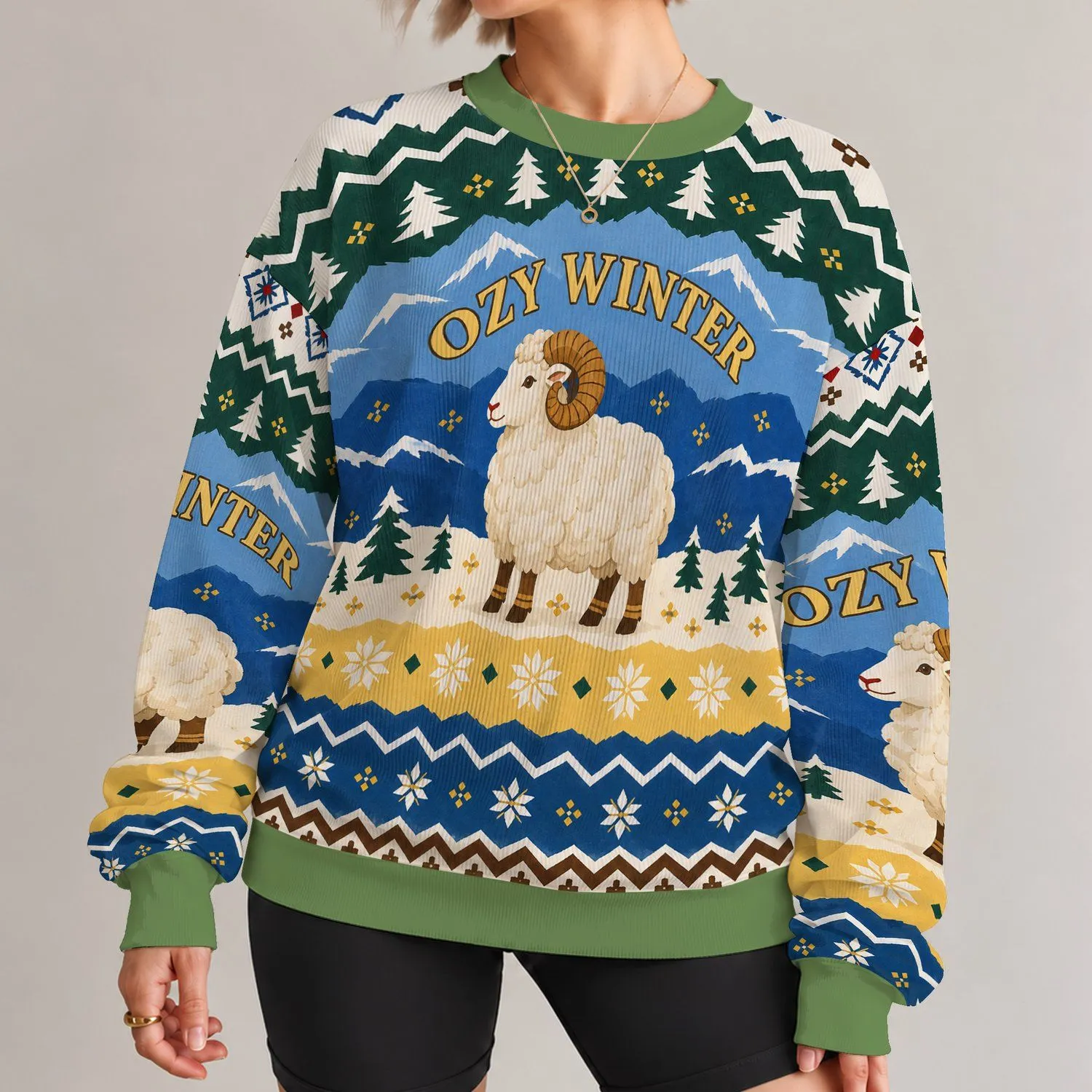 Curled-Horn Lamb Among Alpine Winter Bands for Cozy Cold-Weather Days Outdoors All-over Print Knitted Sweater - 1