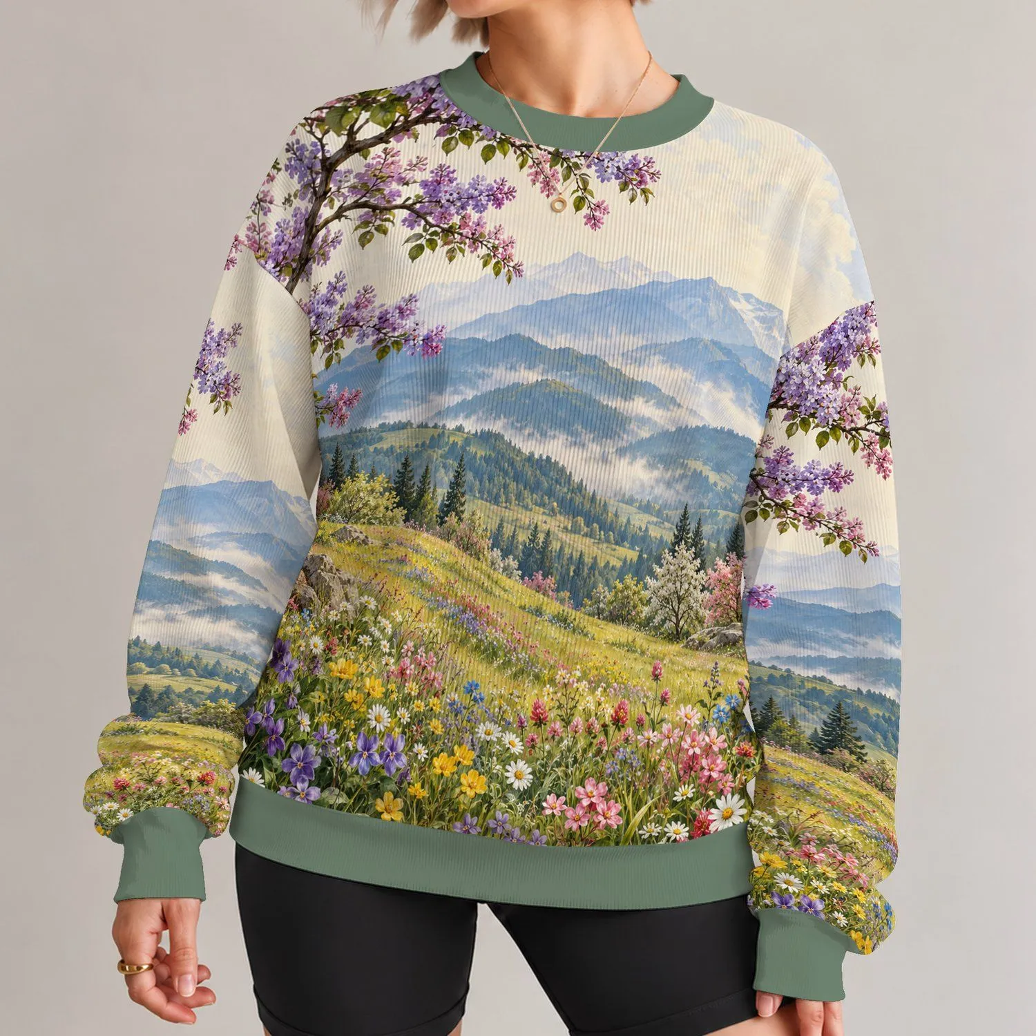 Spring Wildflower Mountain Meadow Scenery for Nature-Loving Everyday Outings and Travel All-over Print Knitted Sweater - 1