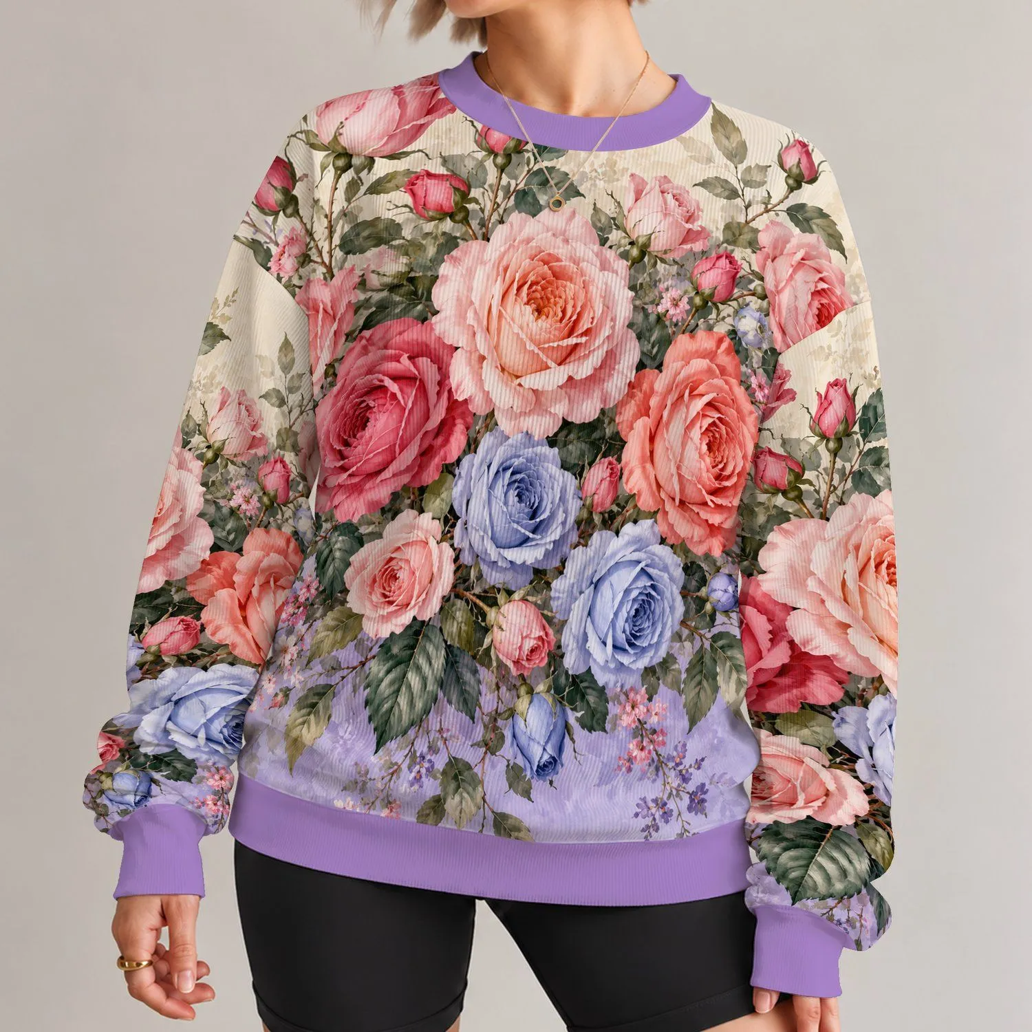 Pink and Blue Rose Garden for Romantic Spring Style and Everyday Floral Lovers All-over Print Knitted Sweater - 1