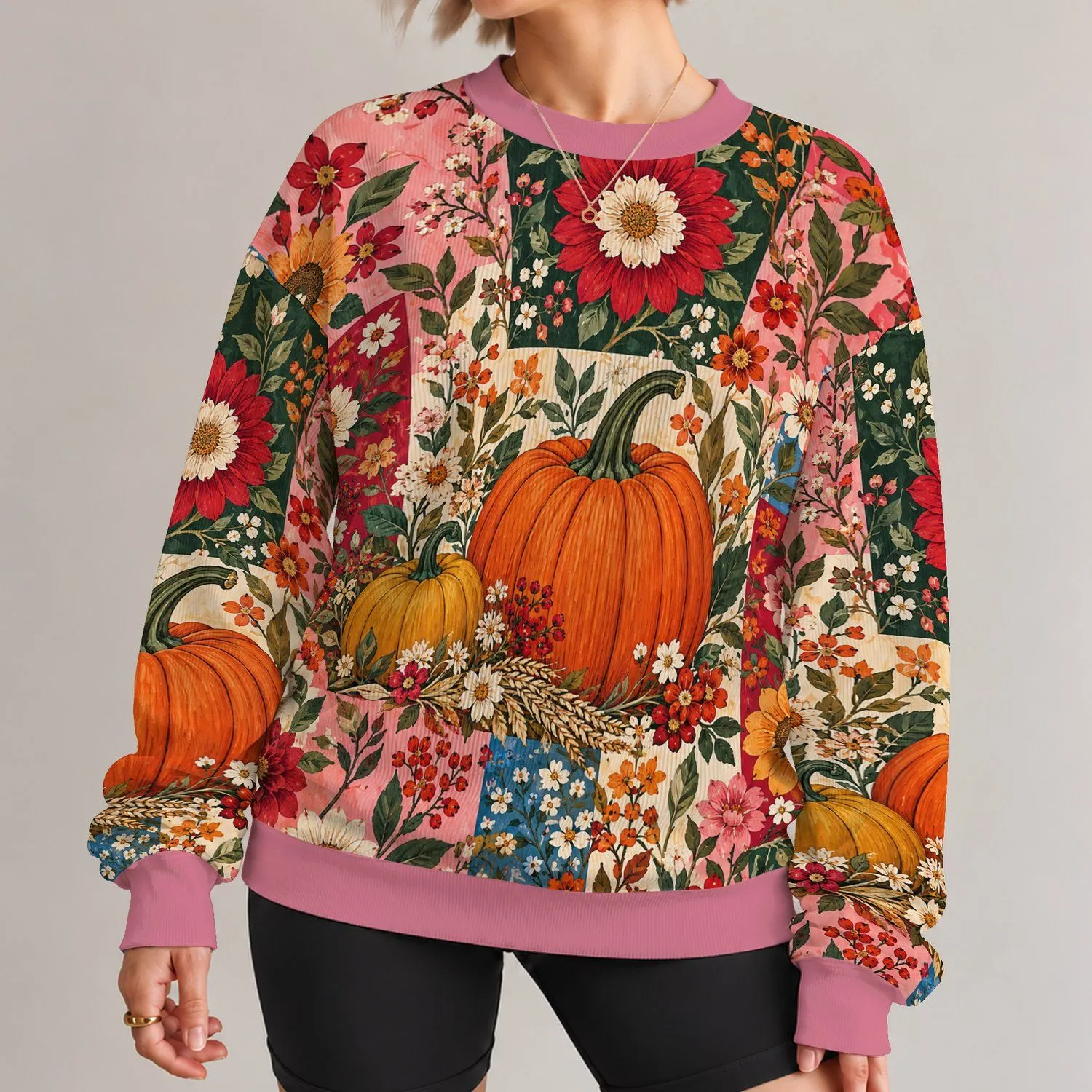 Pumpkin And Wildflower Harvest Motifs For Cozy Autumn Outings And Fall Style All-over Print Knitted Sweater - 1