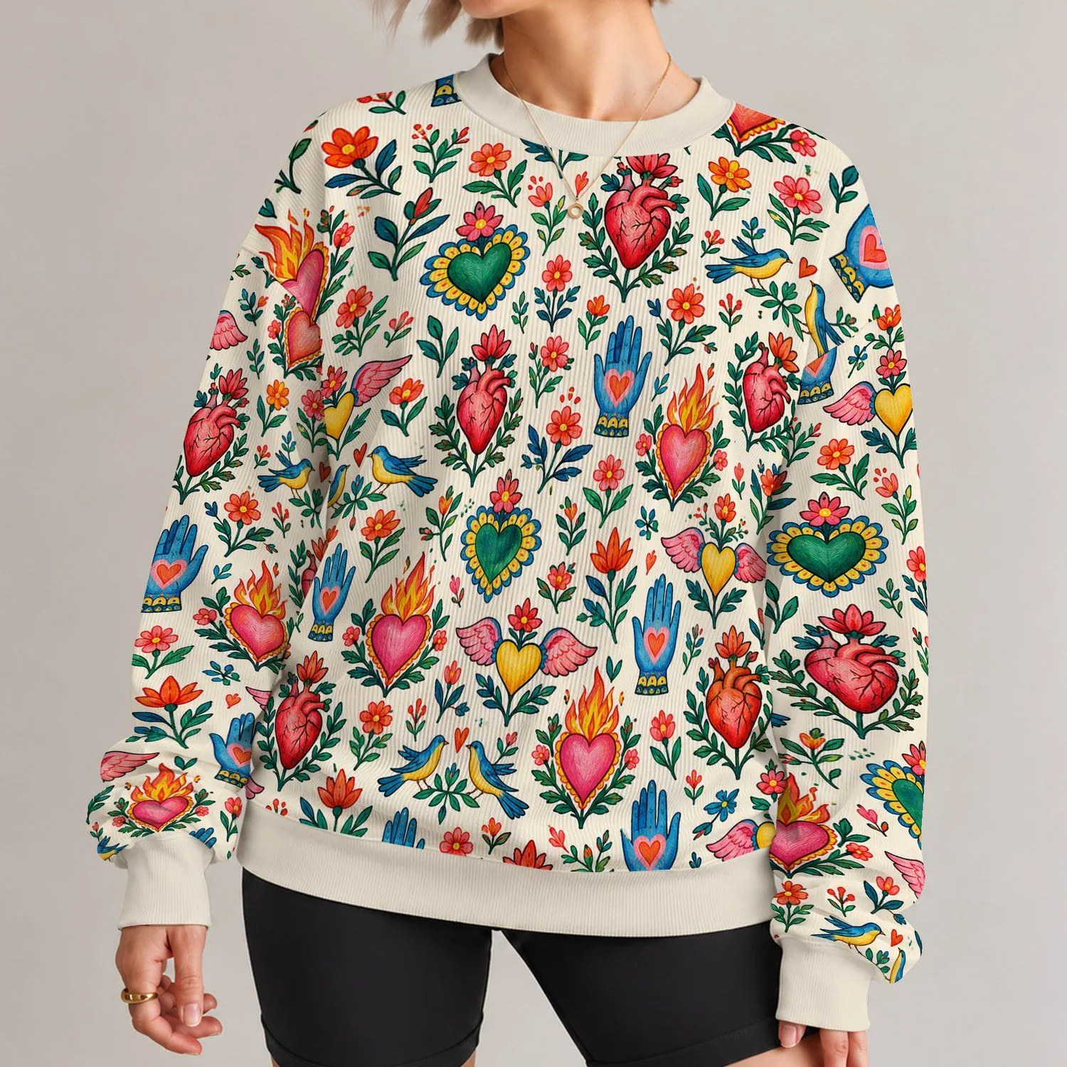 Colorful Sacred Hearts and Folk Botanicals for Casual Everyday Bohemian Style for Women All-over Print Knitted Sweater - 1