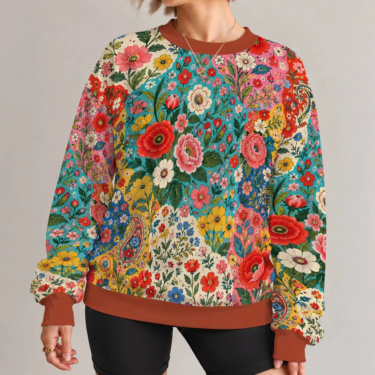 Colorful Folk Floral Patchwork for Spring Outings and Everyday Layering All-over Print Knitted Sweater - 1