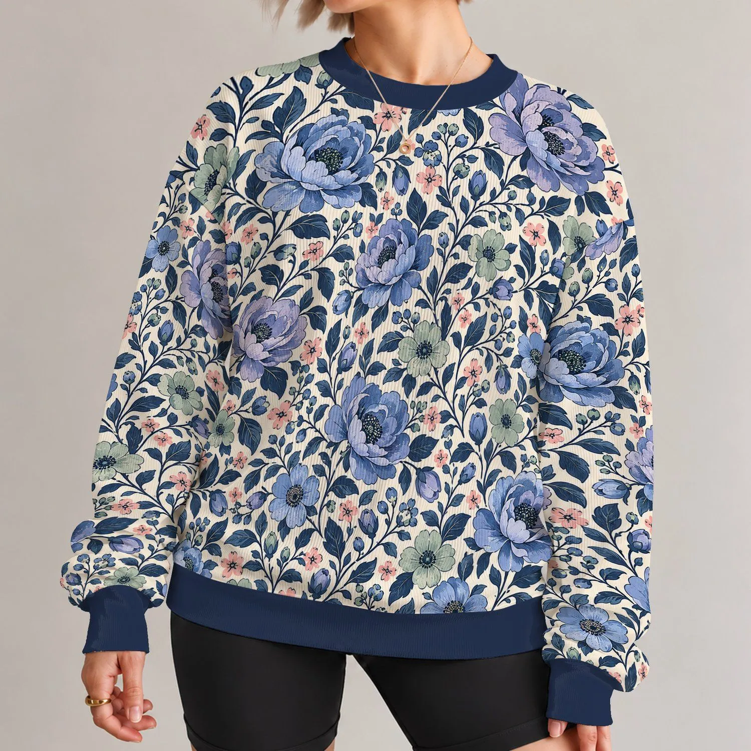 Blue And Lavender Floral Botanical Motifs For Relaxed Everyday Outfits All-over Print Knitted Sweater - 1