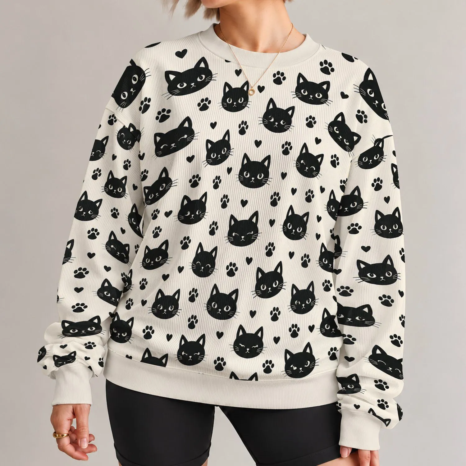 Black Cat Faces And Paw Hearts For Cozy Casual Days And Cat Lover Outings All-over Print Knitted Sweater - 1