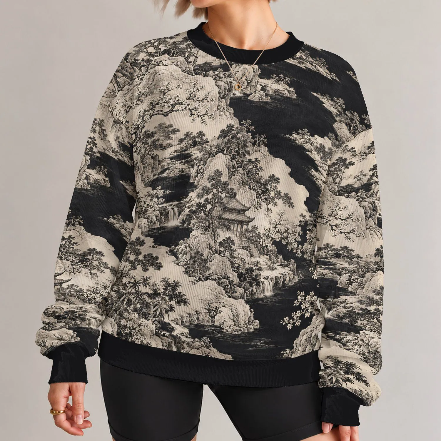 Monochrome Mountain Pavilion Landscape for Artful Everyday Wear All-over Print Knitted Sweater - 1