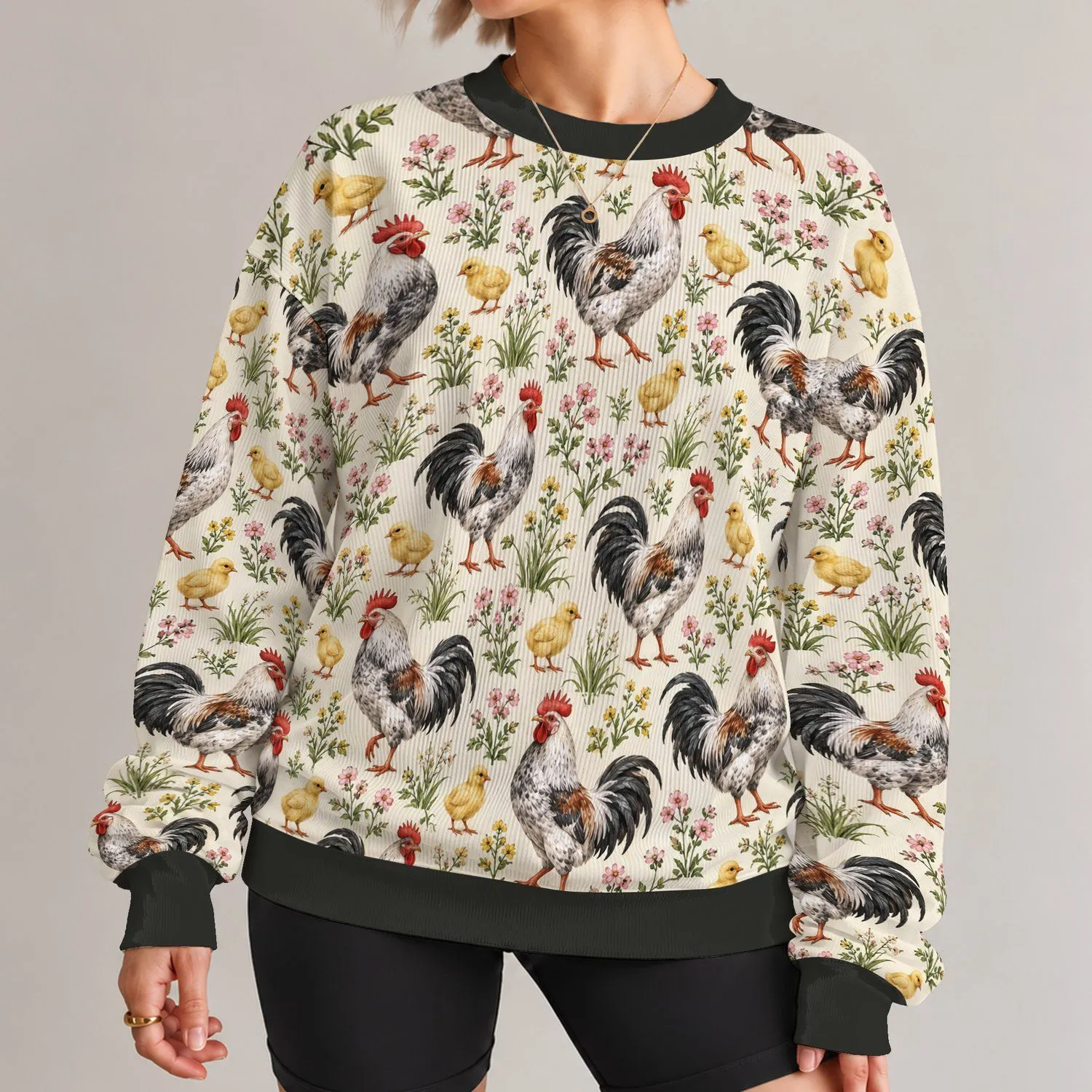 Rooster and Chick Country Charm for Garden Days and Easygoing Weekend Style for Her All-over Print Knitted Sweater - 1