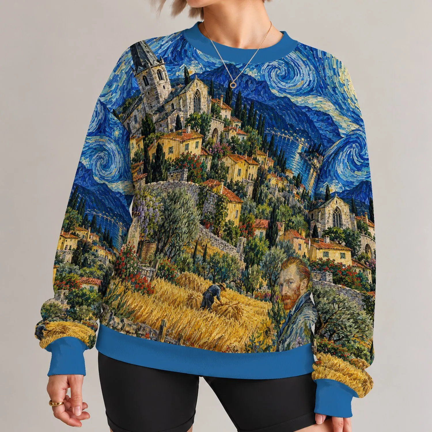Swirling Night Village, Old-World Architecture And Harvest Fields For Creative Everyday Wear All-over Print Knitted Sweater - 1