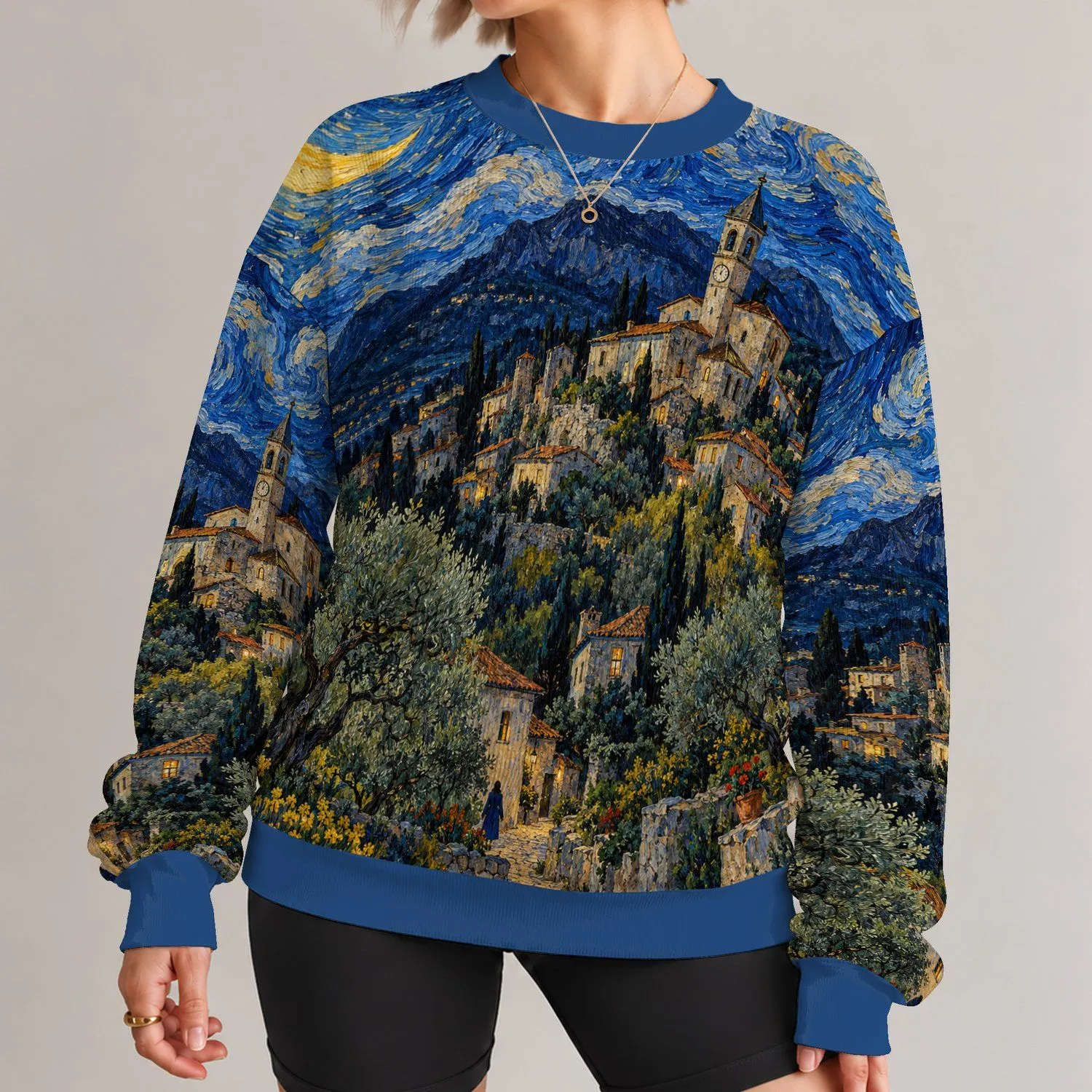 Moonlit Blue Village Landscape for Dreamy Travel and Artful Everyday Style All-over Print Knitted Sweater - 1