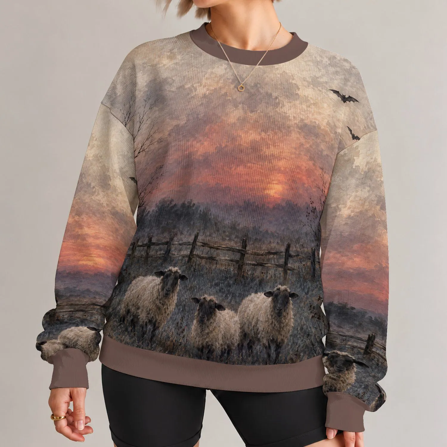 Sheep at a Spooky Farm Halloween Scene for Cozy Autumn Nights All-over Print Knitted Sweater - 1