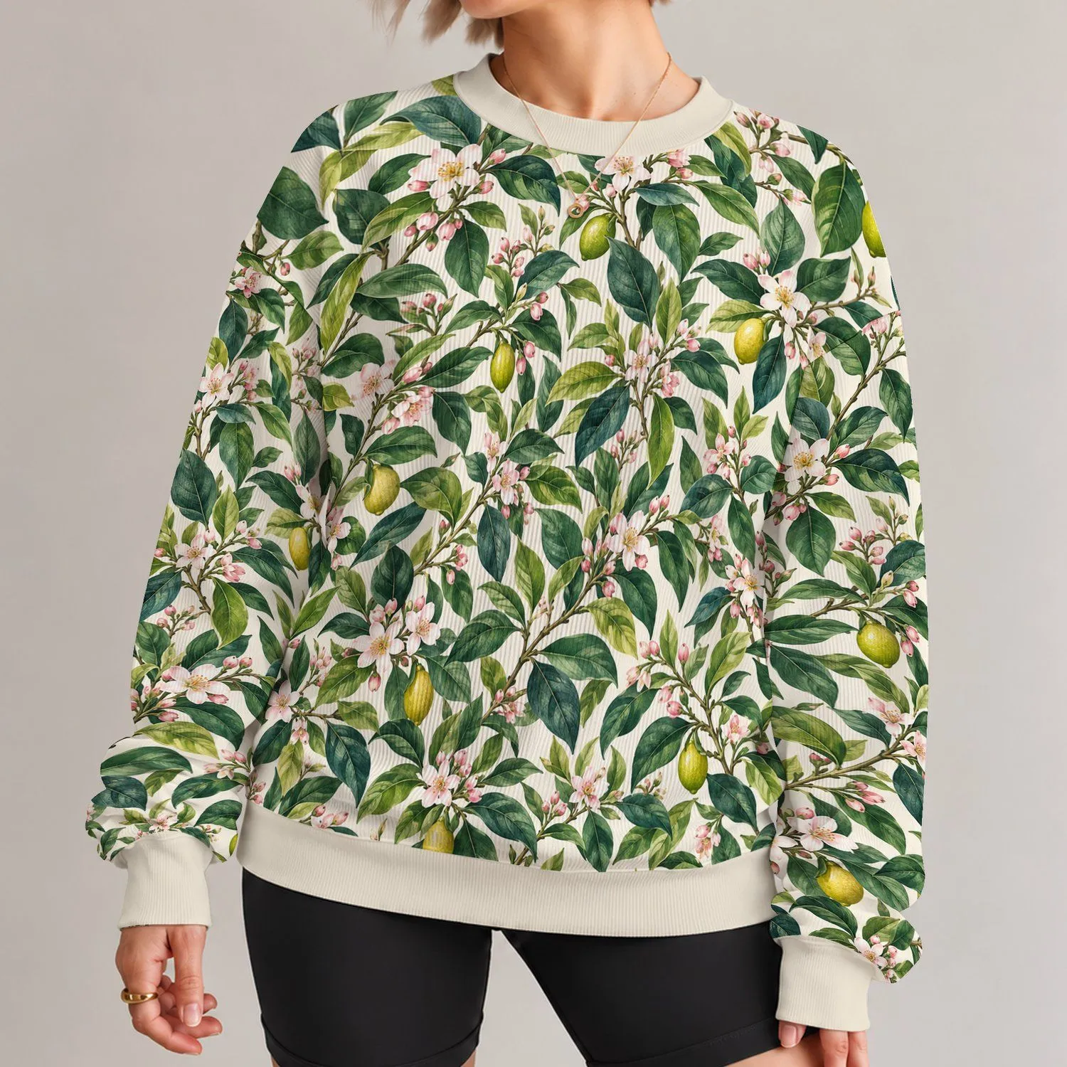 Ivory Botanical Blossoms and Citrus Leaves for Fresh Spring Garden Style Wear All-over Print Knitted Sweater - 1