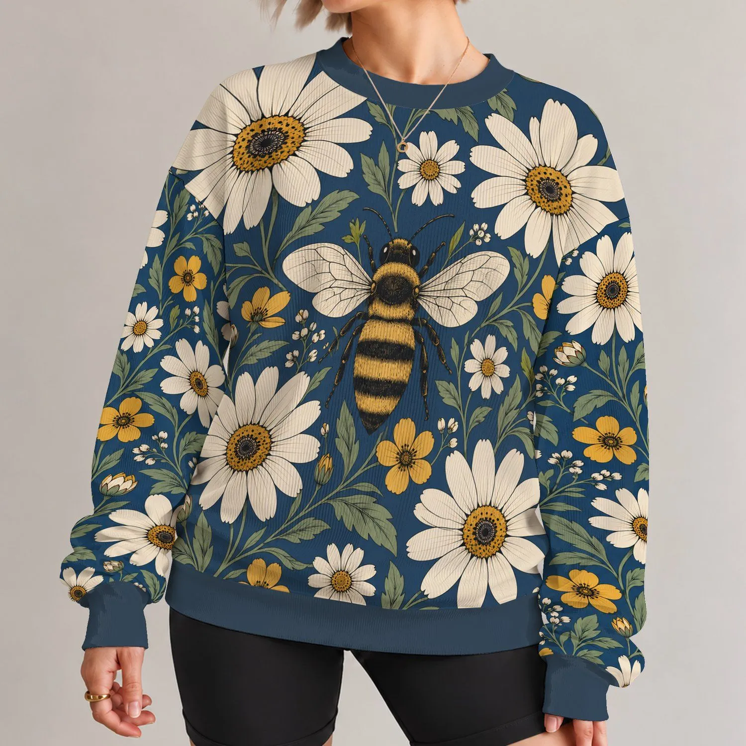 Bee And Daisy Folk Floral Motif For Relaxed Boho Casual Wear And Nature Lovers All-over Print Knitted Sweater - 1