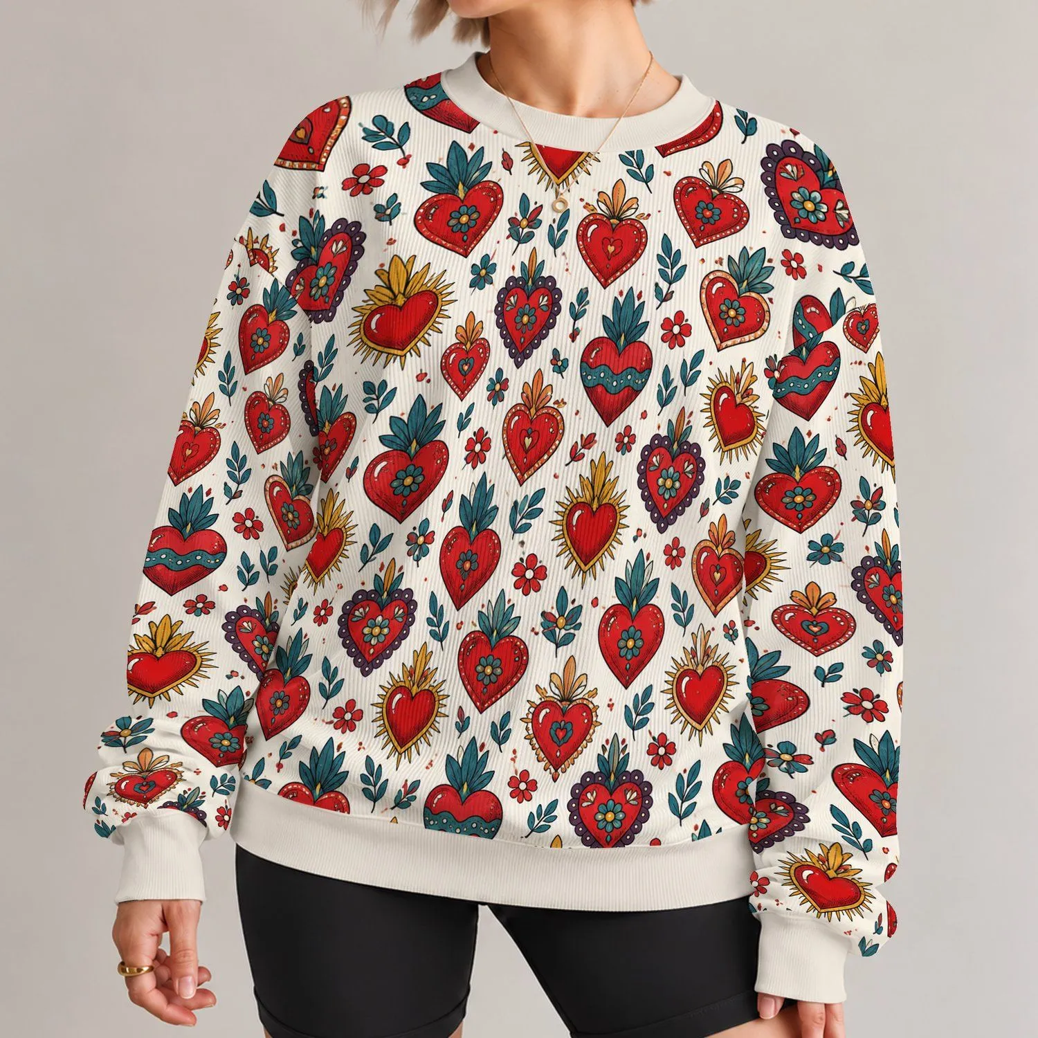 Folk Art Heart Motifs for Romantic Everyday Style and Valentine’s Day Gifts All-over Print Knitted Sweater - 1