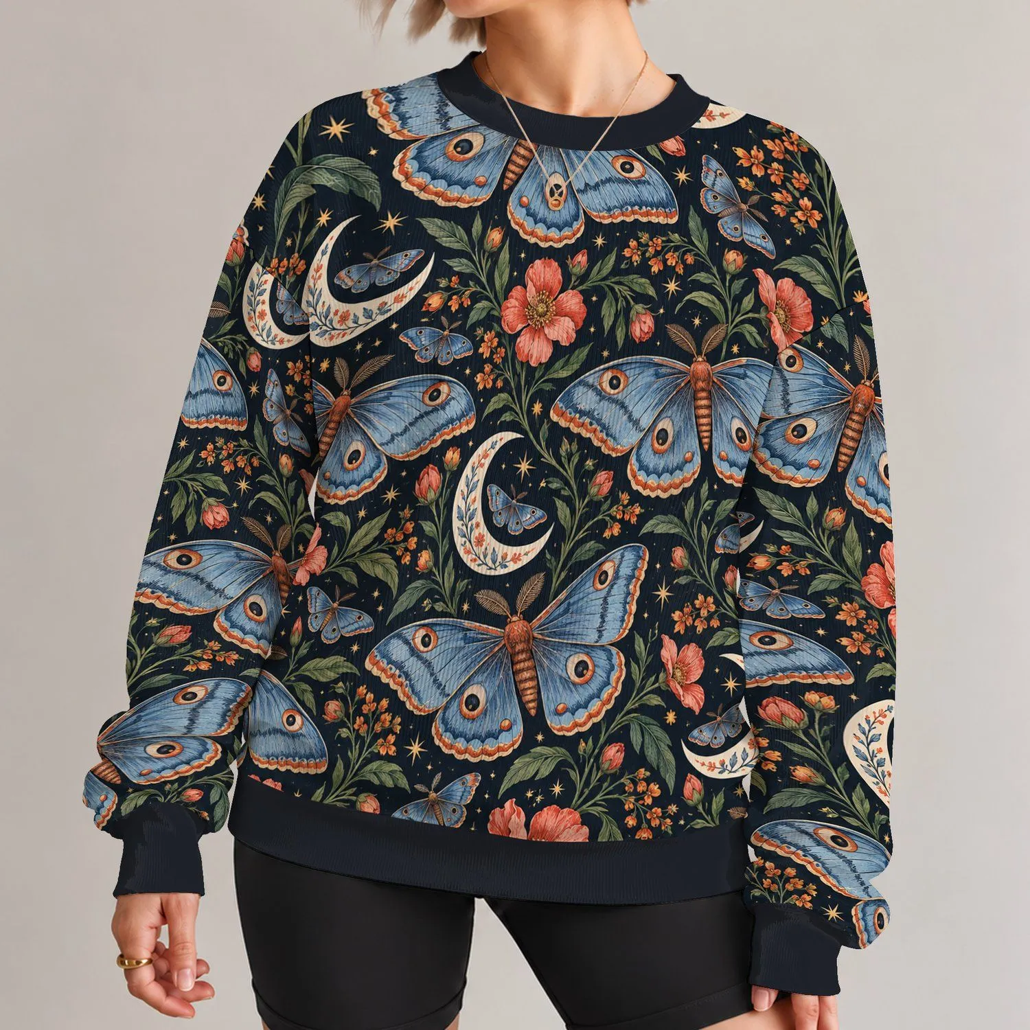 Blue Moths, Crescent Moons And Wildflowers For Whimsical Nature Lovers All-over Print Knitted Sweater - 1