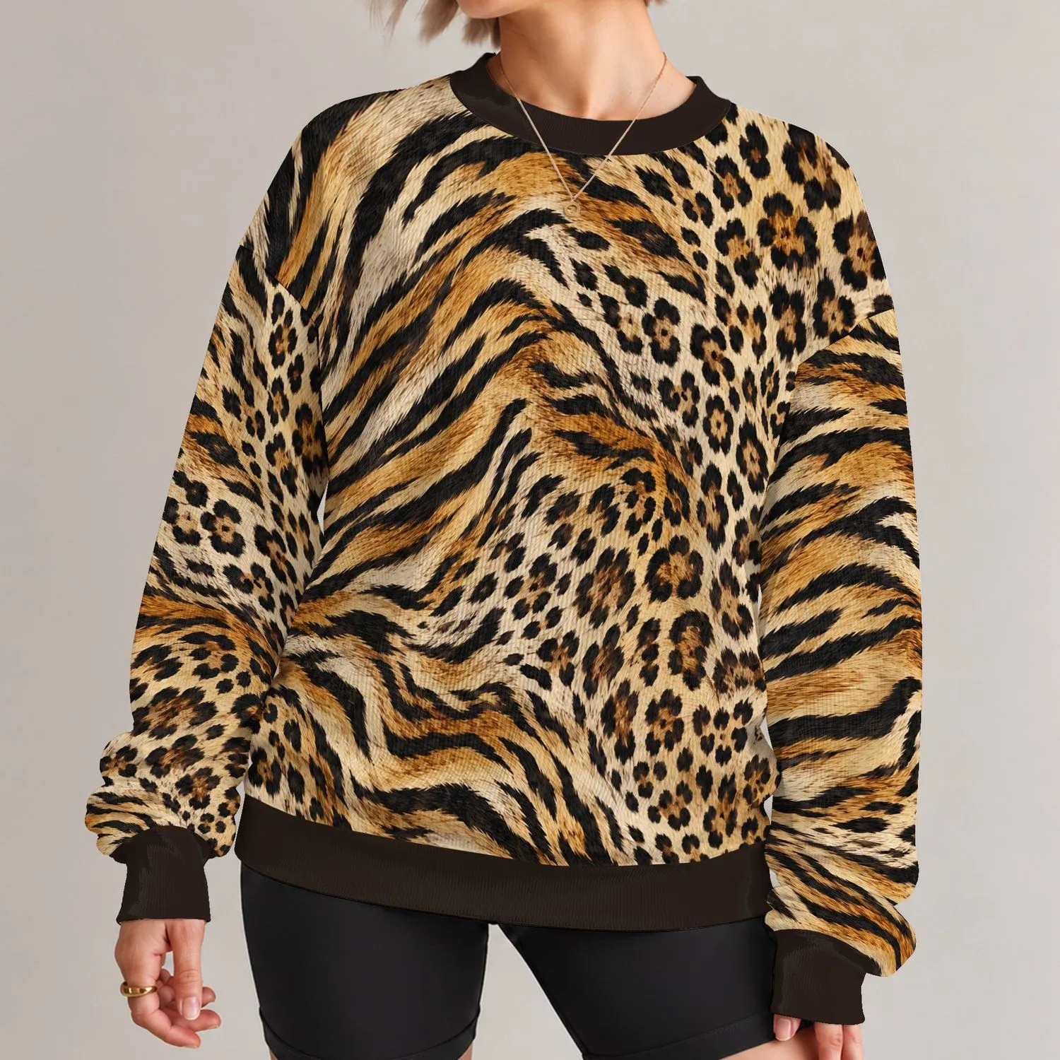 Ivory Tiger Stripe And Leopard Spot Style For Everyday Chic Wardrobe Looks All-over Print Knitted Sweater - 1