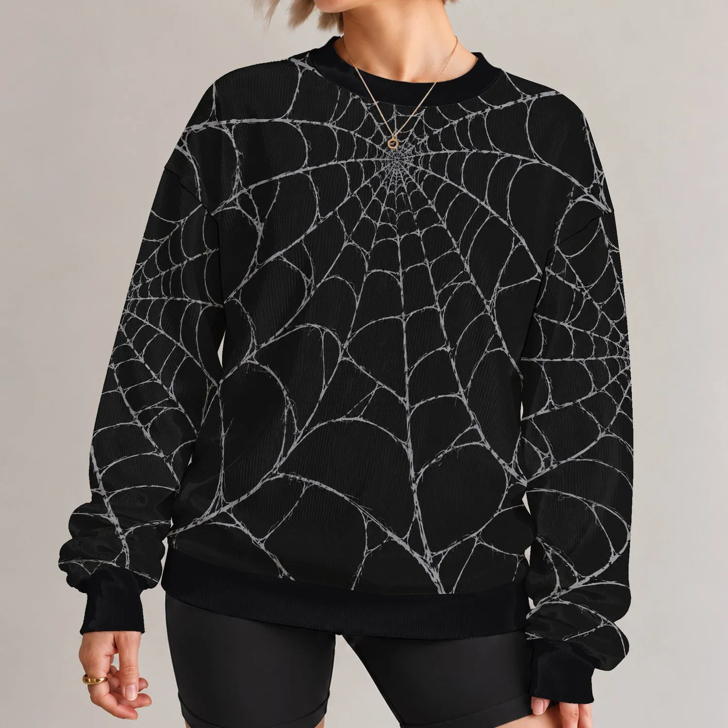 Monochrome Spiderweb Motif for Dark Autumn Streetwear and Everyday Layering All-over Print Knitted Sweater - 1