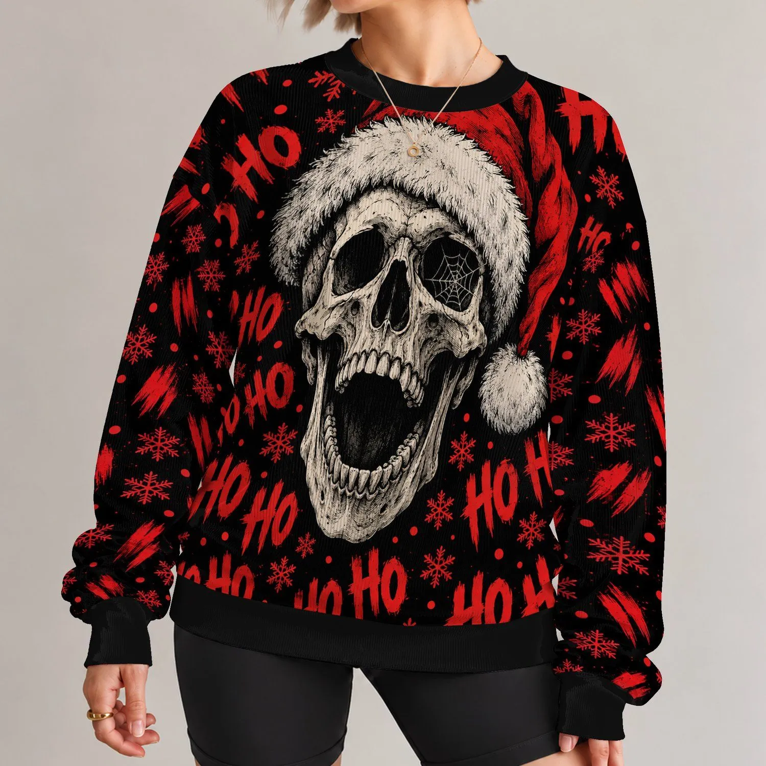 Santa Hat Skull and Snowflakes for Festive Holiday Parties and Seasonal Celebrations All-over Print Knitted Sweater - 1