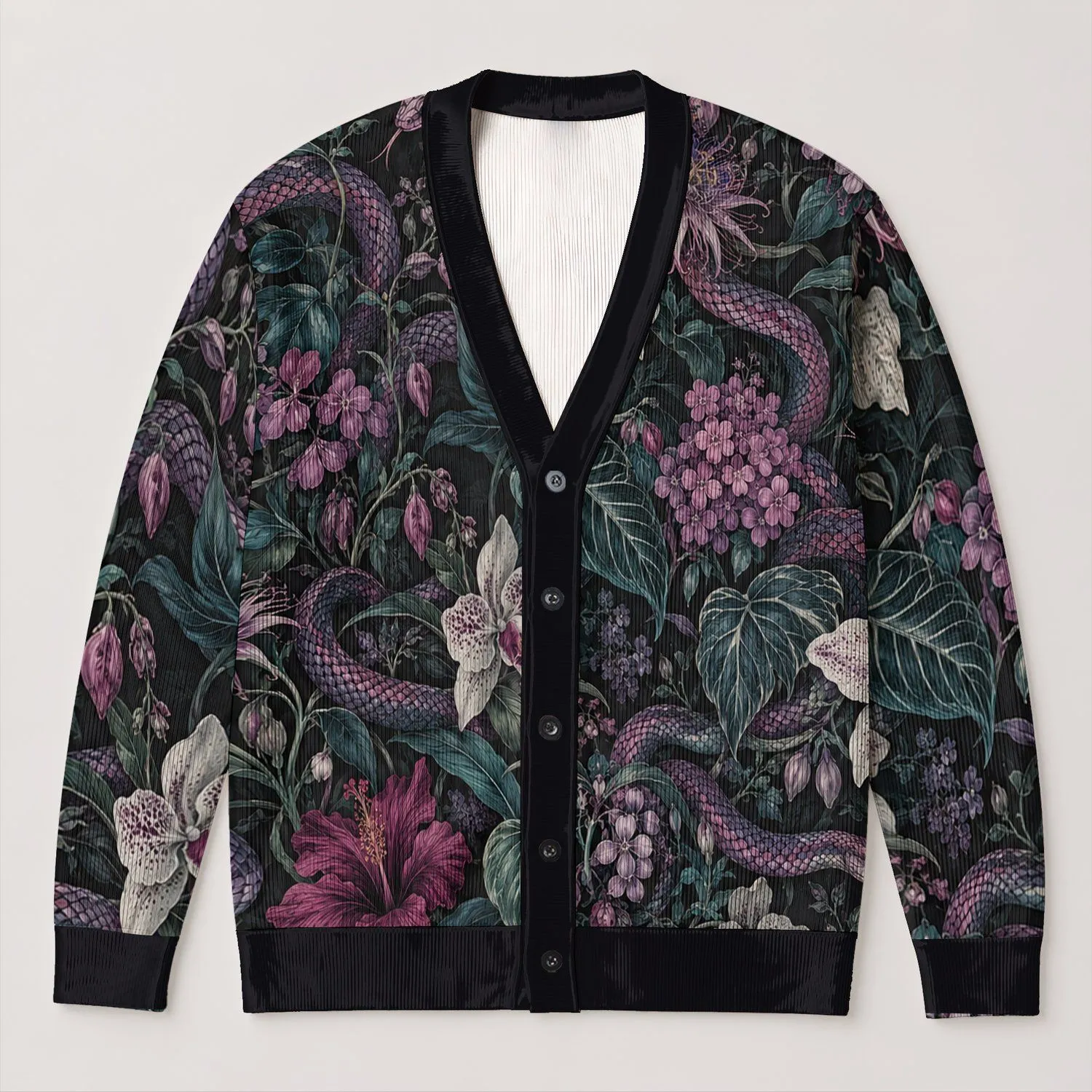 Gothic Snake And Botanical Florals For Alternative Everyday Layering All-over Print Knitted Cardigan - 1