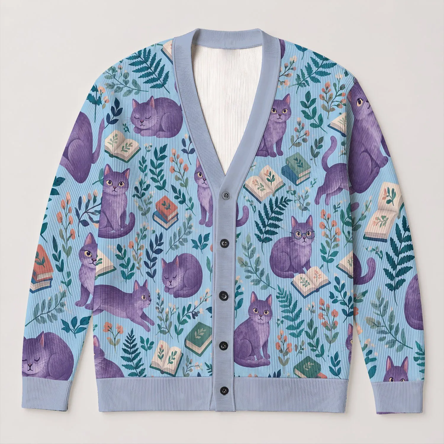Purple Cats Reading Among Ferns for Cozy Autumn Days and Relaxed Outings for Teens All-over Print Knitted Cardigan - 1