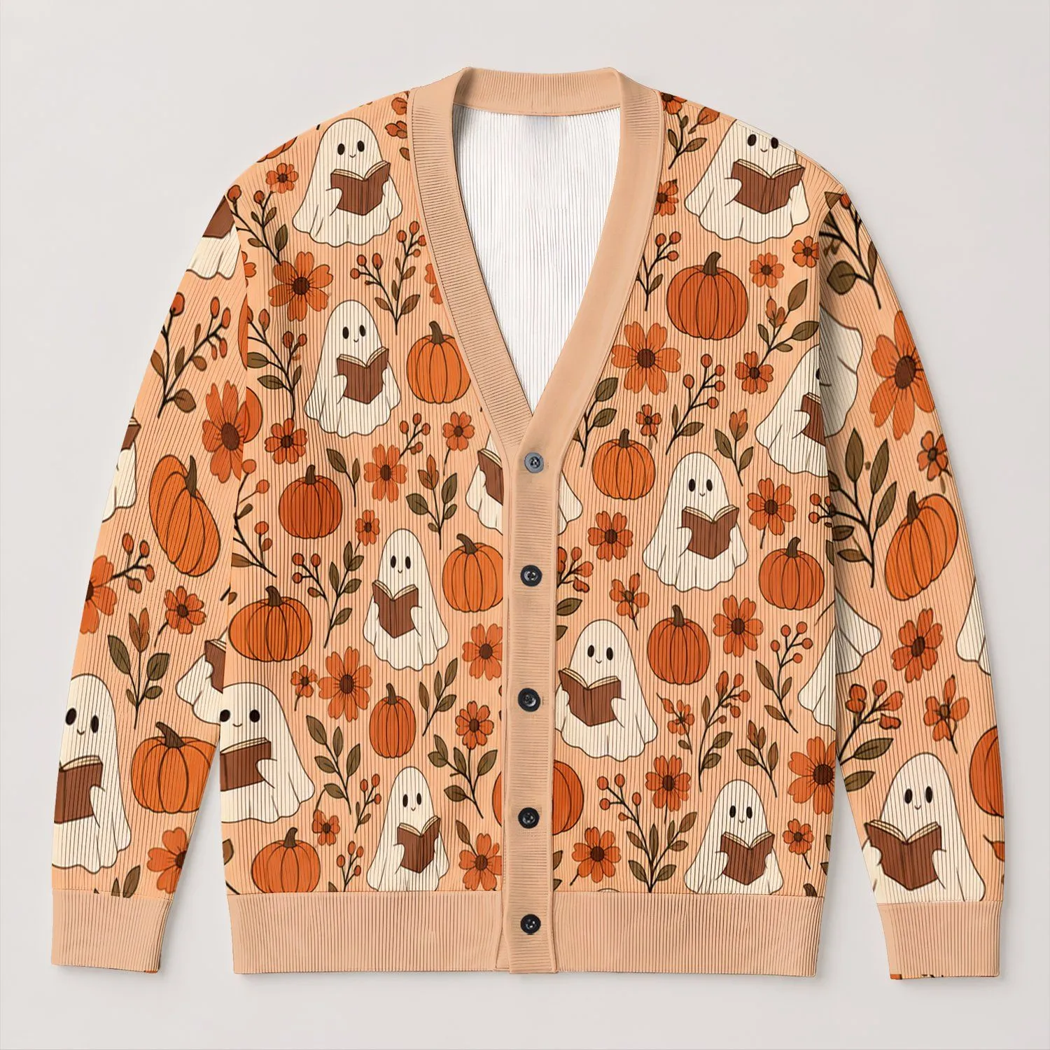 Reading Ghosts Pumpkins And Flowers For Cozy Halloween Autumn Layering All-over Print Knitted Cardigan - 1