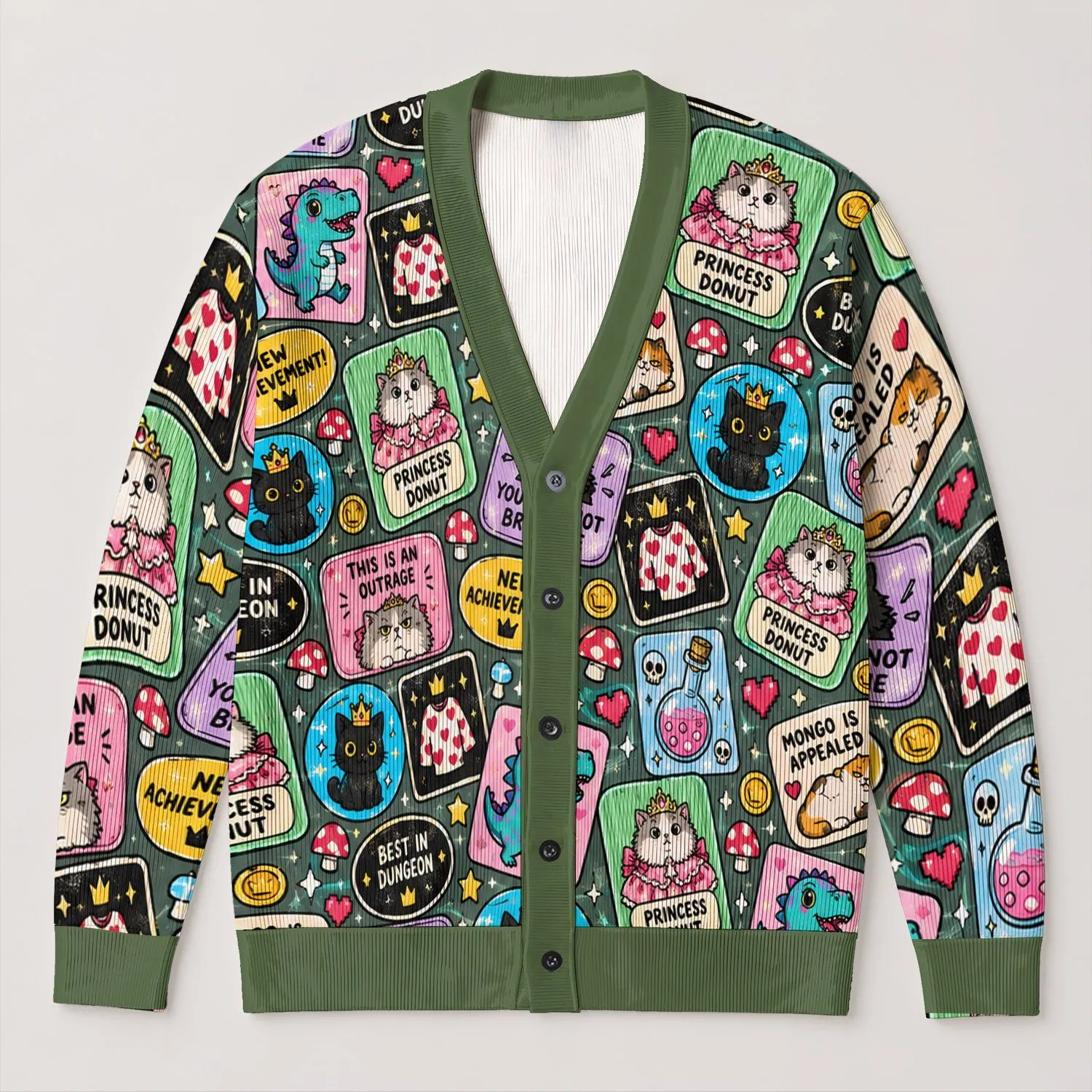 Retro Game Achievement Cats And Dinosaurs For Halloween Fans And Gamers All-over Print Knitted Cardigan - 1