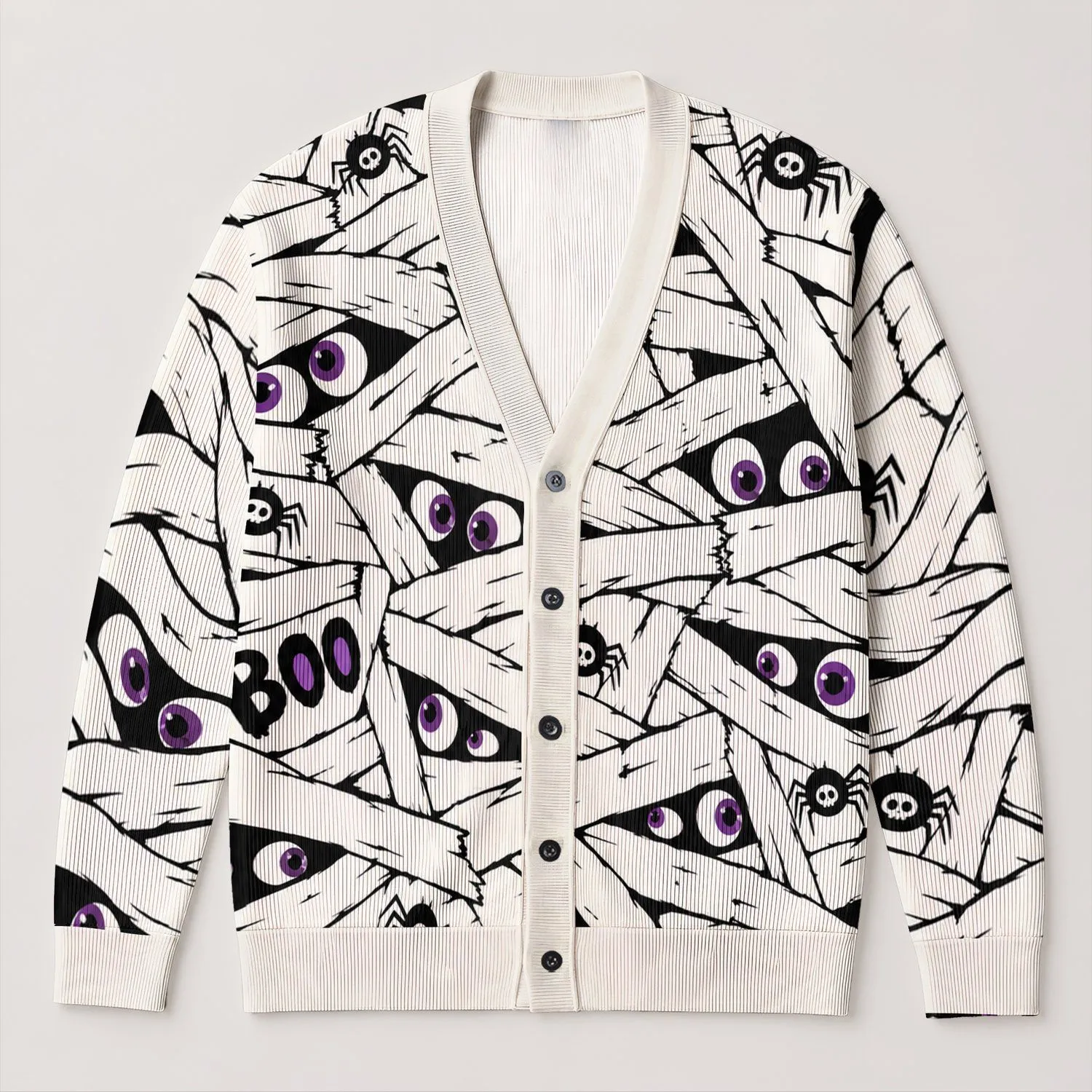 Cute Mummy Spider Halloween Boo Theme for Spooky Season Parties and Teen Style All-over Print Knitted Cardigan - 1