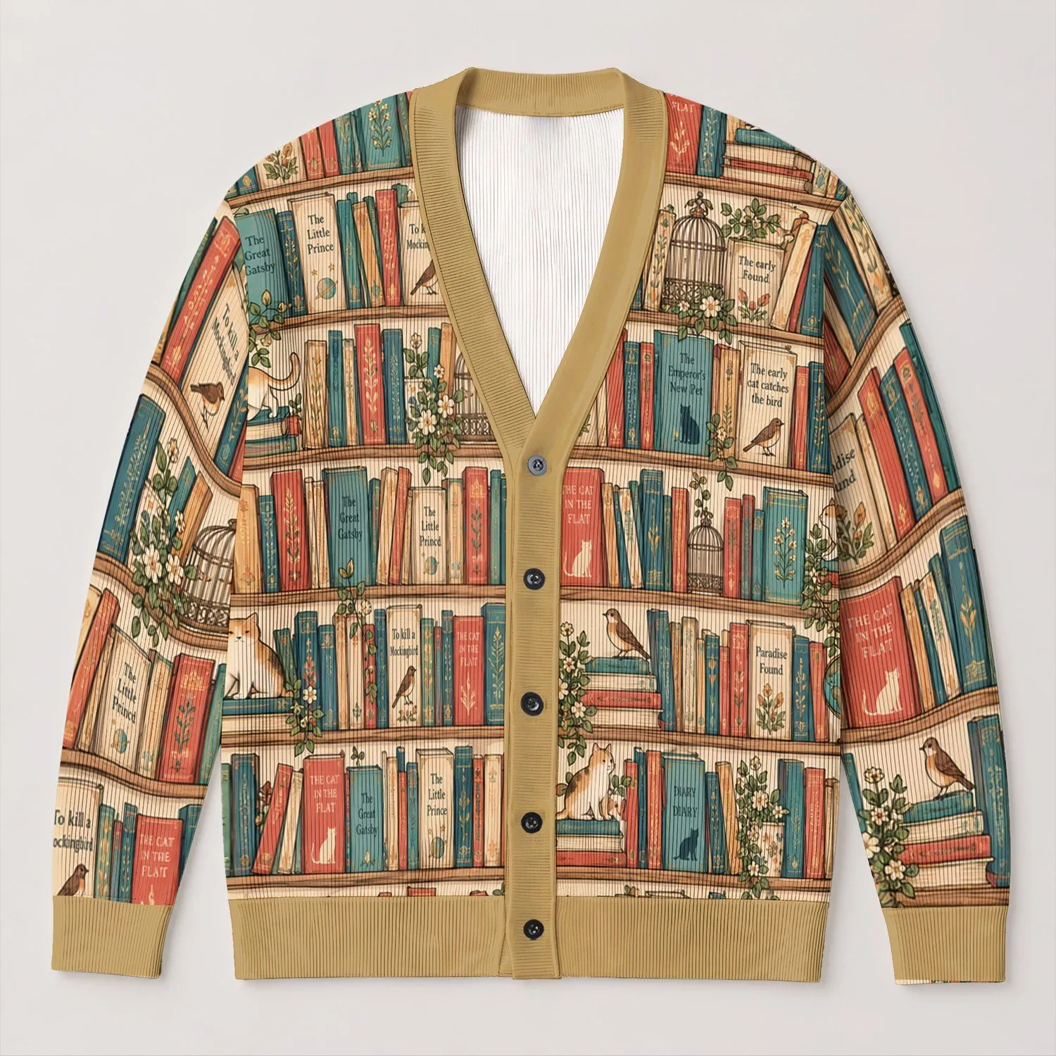 Whimsical Bookshelf Cats And Globes For Cozy Reading Nooks And Book Lover Style All-over Print Knitted Cardigan - 1