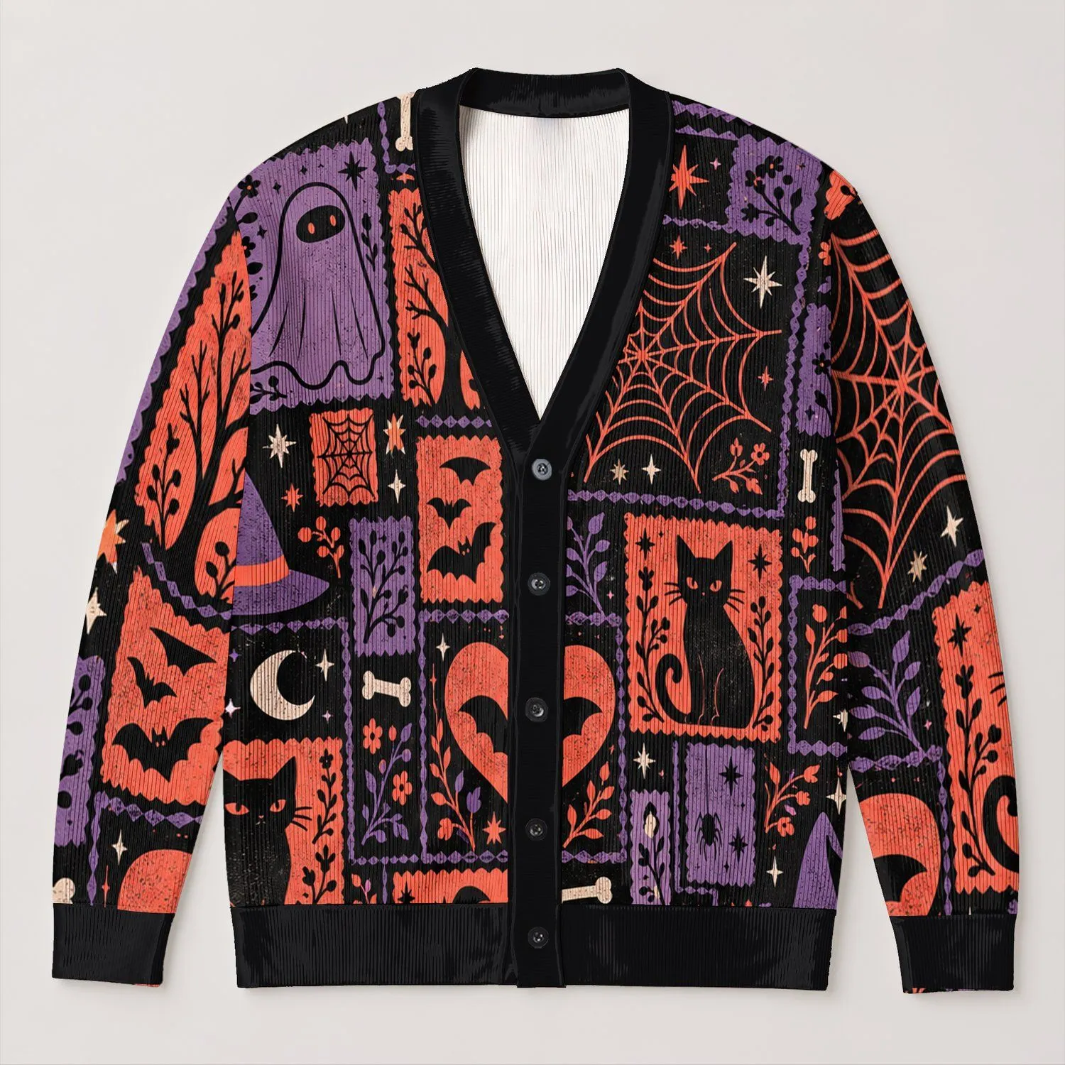 Kawaii Halloween Cats, Bats, Ghosts And Witch Hats For Cozy October Party Nights All-over Print Knitted Cardigan - 1