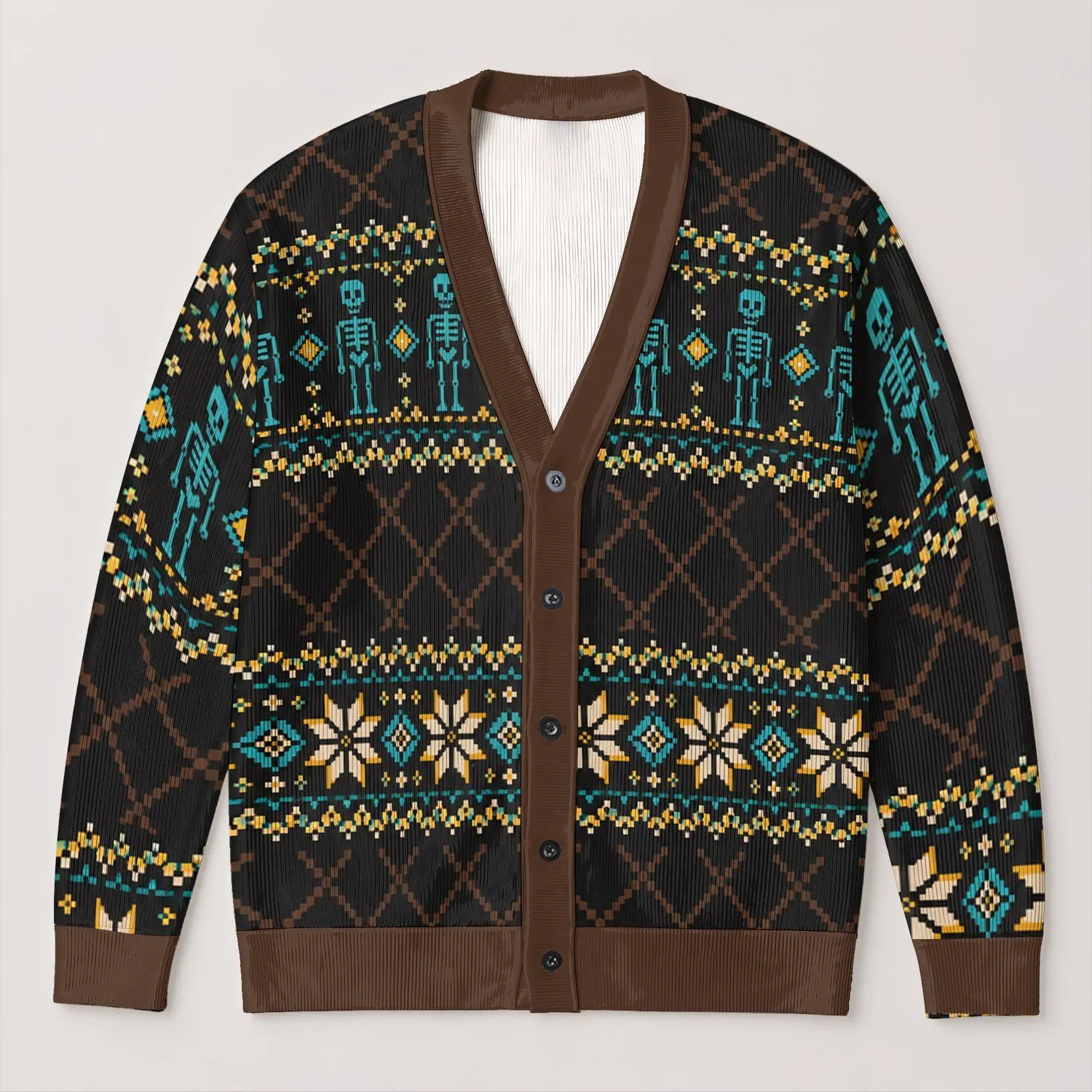 Nordic Skeleton Fair Isle Motif For Cozy Winter Days And Retro Casual Style All-over Print Knitted Cardigan - 1