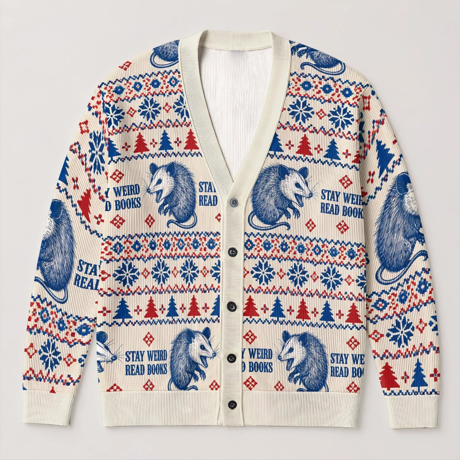 Opossum Stay Weird Read Books Winter Folk Art for Cozy Everyday Book Lovers All-over Print Knitted Cardigan - 1