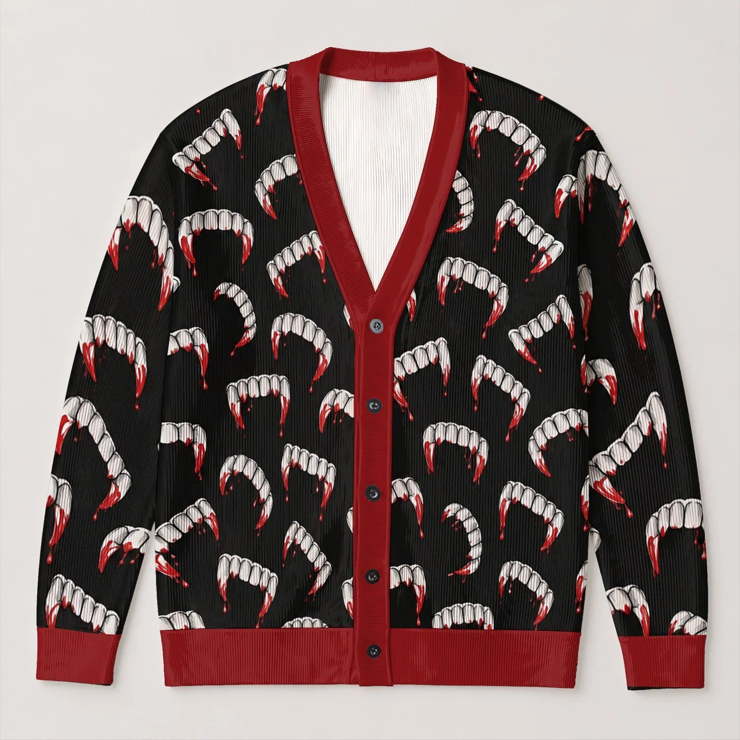 Dripping Blood Vampire Fangs for Halloween Parties and Spooky Fall Layering All-over Print Knitted Cardigan - 1