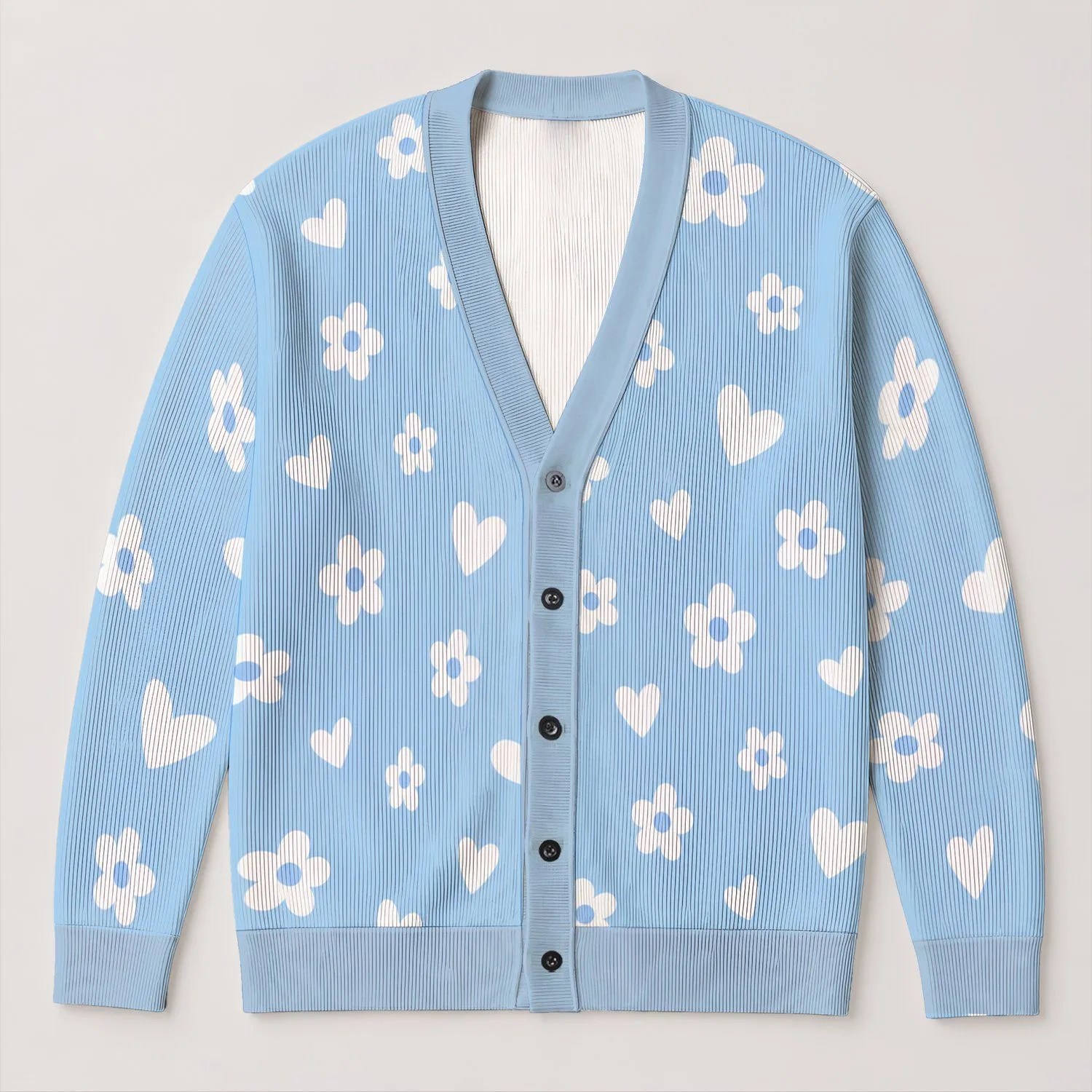 Powder Blue Hearts and Daisies for Cheerful Everyday Spring and Weekend Style All-over Print Knitted Cardigan - 1