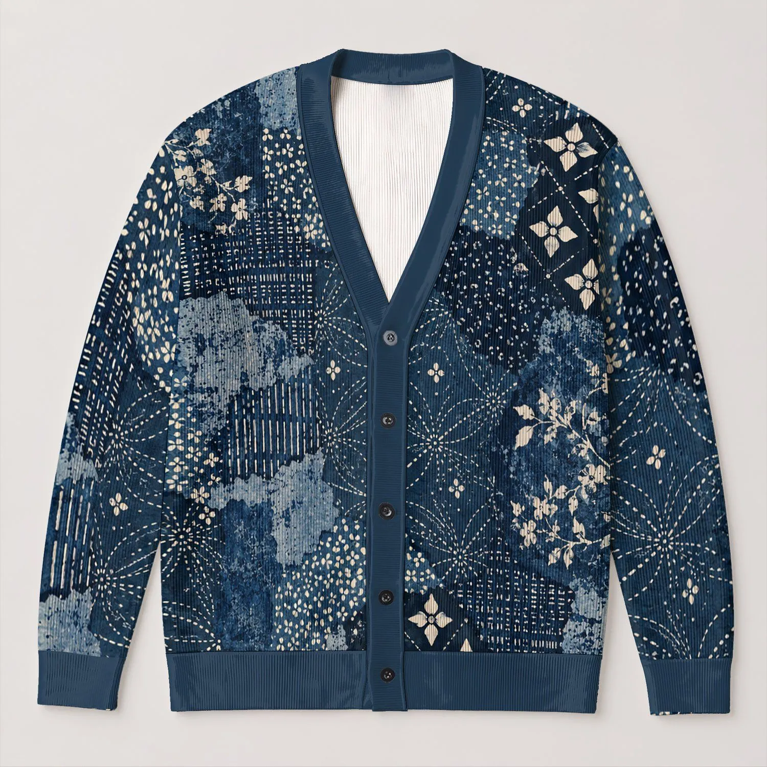 Indigo Patchwork Florals for Cozy Autumn Layering and Everyday Style All-over Print Knitted Cardigan - 1