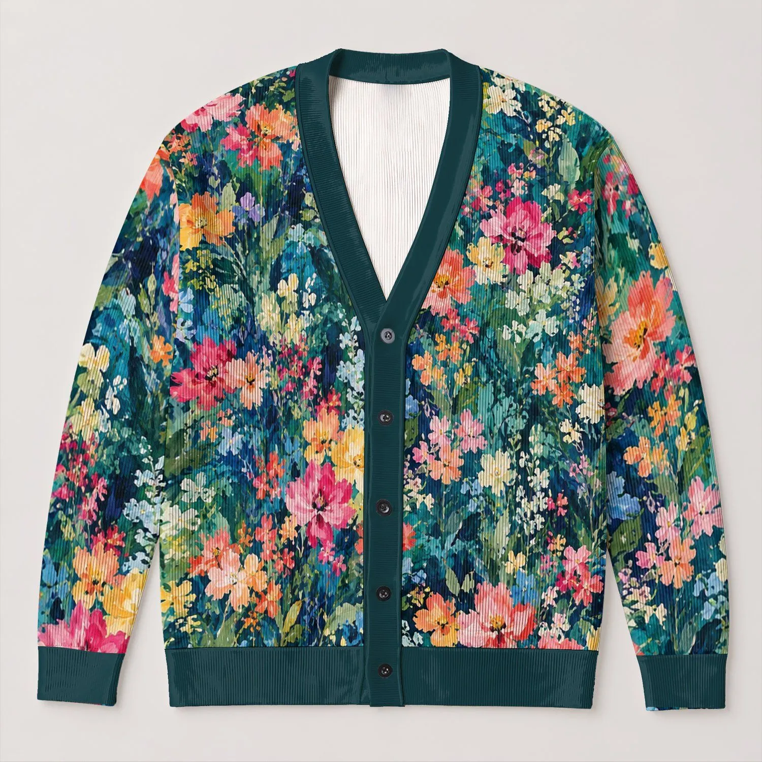 Impressionist Teal Wildflowers for Cozy Autumn Outings and Everyday Layering All-over Print Knitted Cardigan - 1
