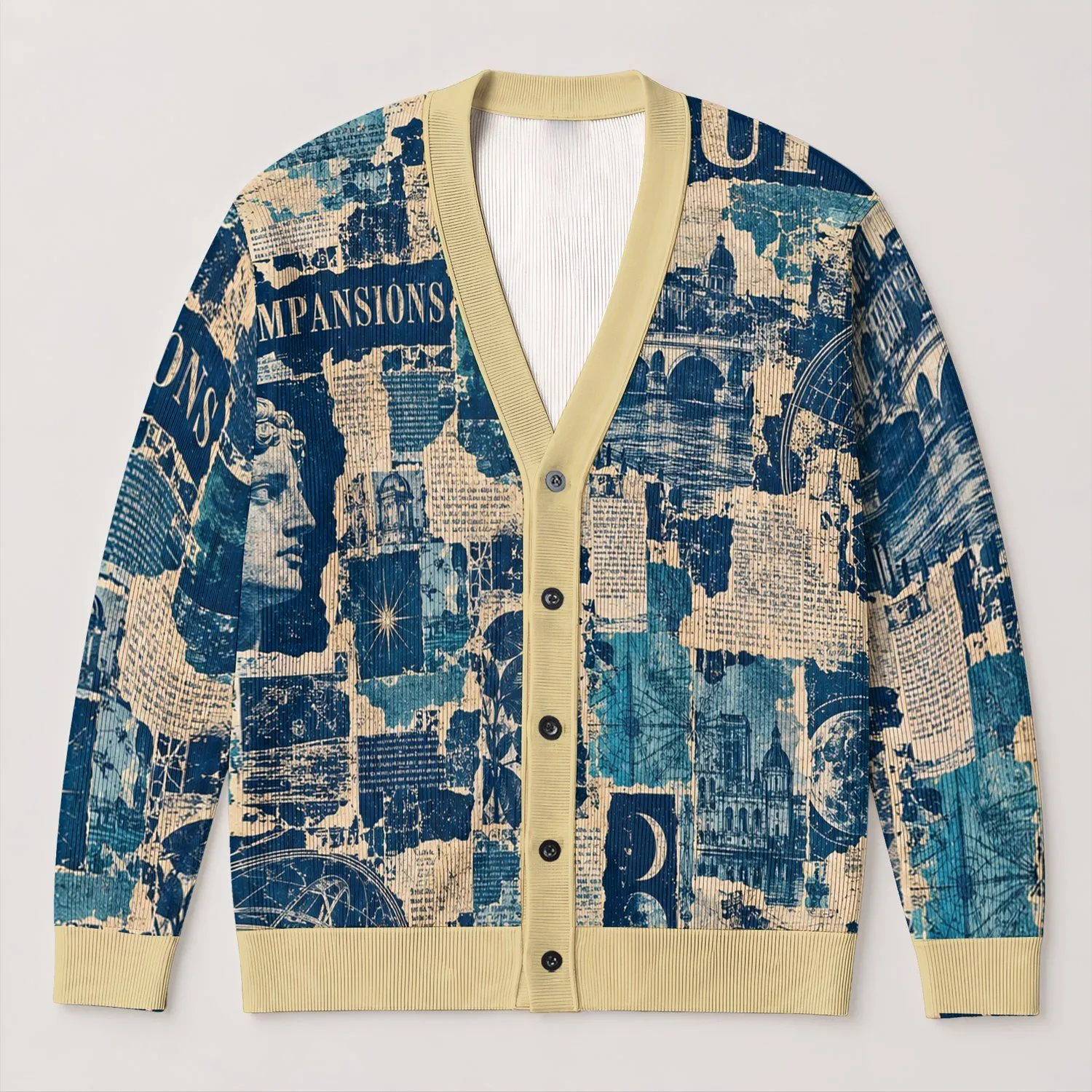 Blue And Cream Vintage Newspaper Collage For Everyday Creative Layering Style All-over Print Knitted Cardigan - 1