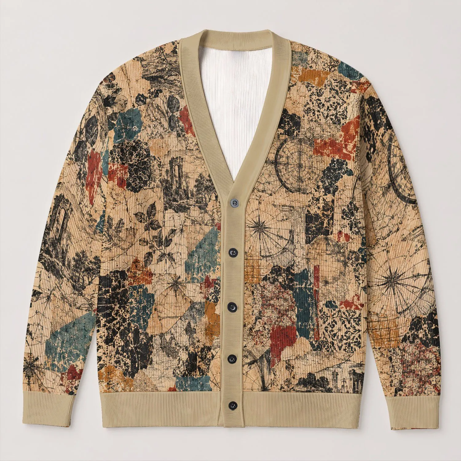 Vintage Newspaper Collage for Creative Everyday Layering and Casual Outings All-over Print Knitted Cardigan - 1