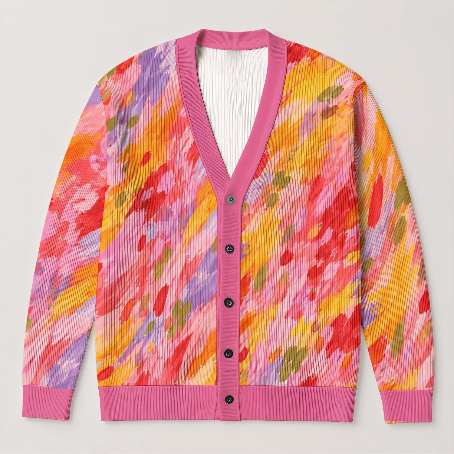 Vibrant Pink Yellow Abstract Brushstrokes for Autumn Weekend Layering Women All-over Print Knitted Cardigan - 1