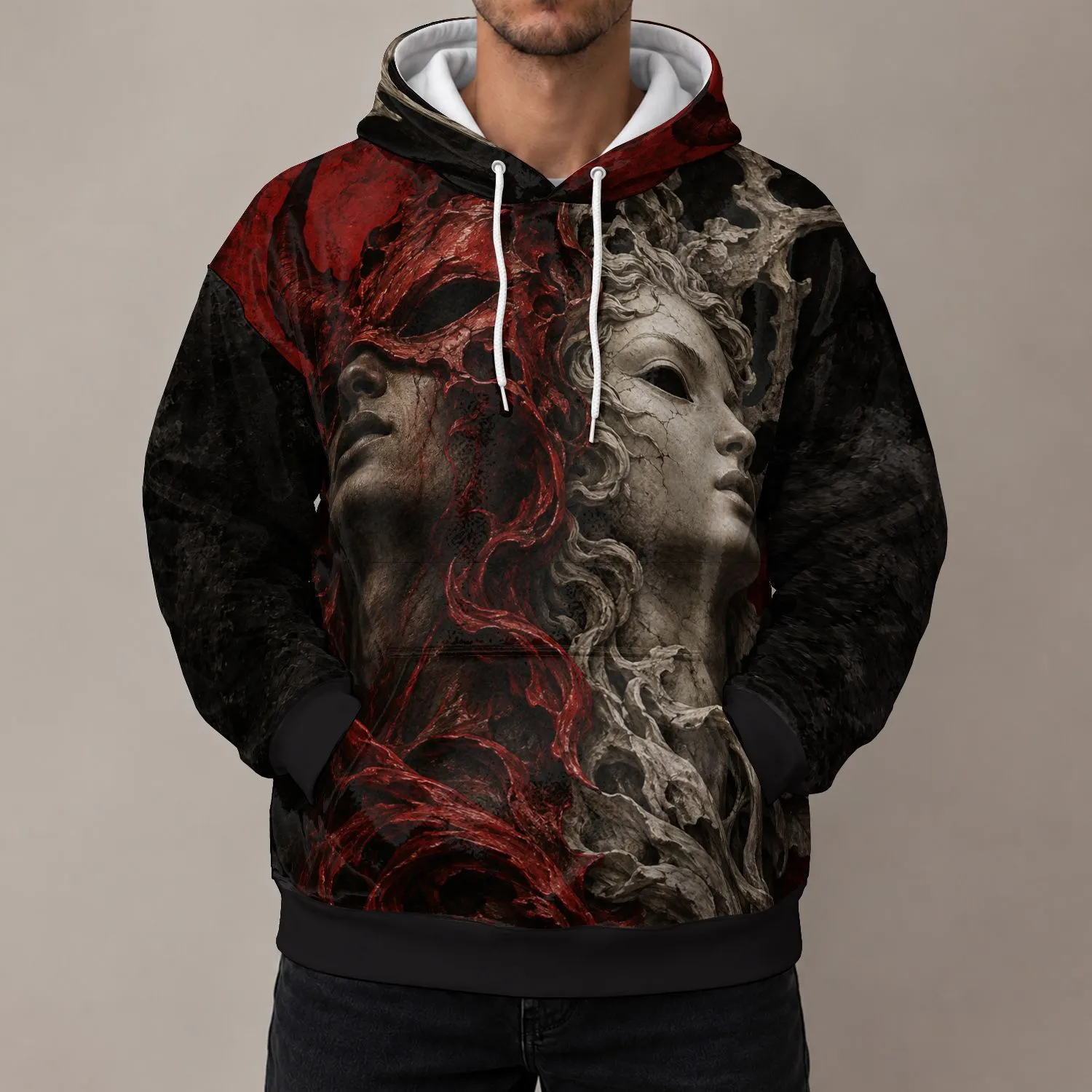 Split Classical Mask Portrait for Halloween Nights and Dark Gothic Style Lovers All-over Print Hoodie (Lightweight) - 1