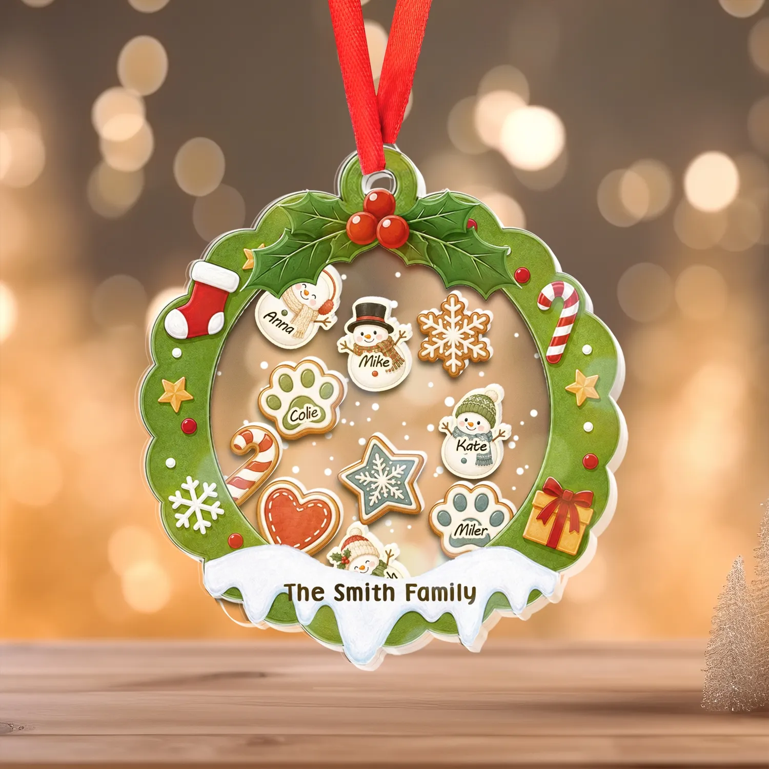 Personalized Christmas Wreath Shaker Ornament – Custom Family & Pet Names, Snowman Keepsake Gift - 1