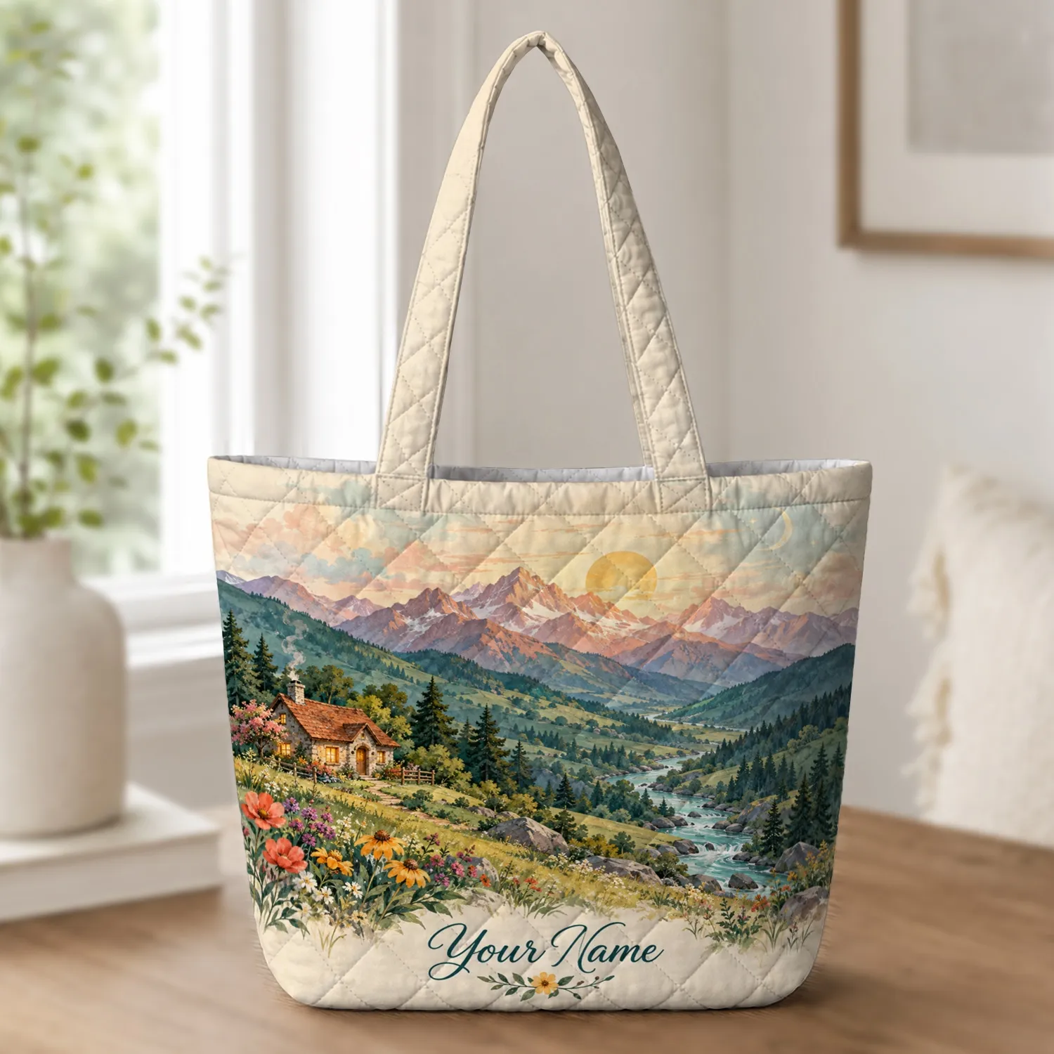 Mountain Valley Cottage With Wildflowers For Cozy Nature-Loving Everyday Adventures Quilted Tote Bag - 1