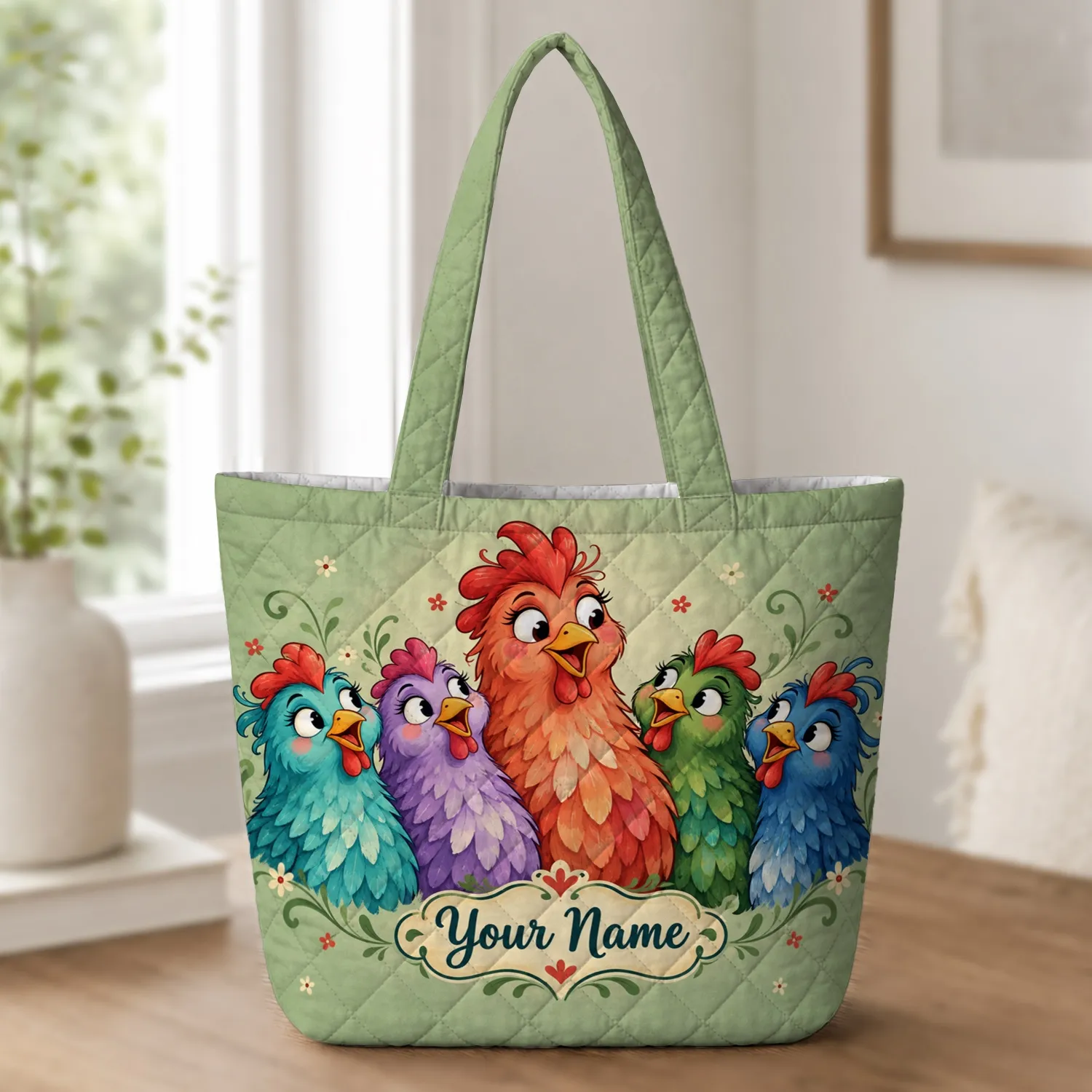 Colorful Funny Chicken Hens for Farmhouse Living and Chicken Lover Gifts Quilted Tote Bag - 1