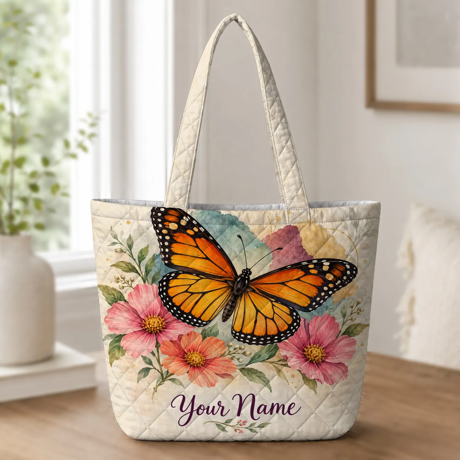 Monarch Butterfly And Wildflower Gift For Nature Lovers And Garden Enthusiasts Birthday Quilted Tote Bag - 1