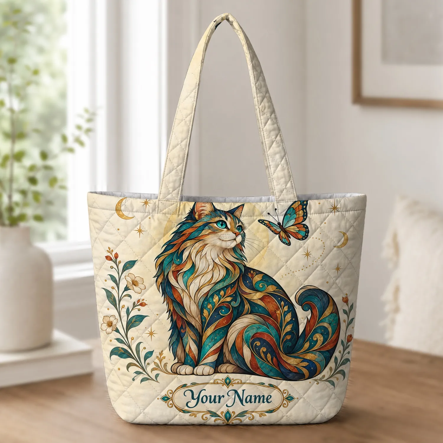 Ornate Stained Glass Cat and Butterfly for Whimsical Everyday Style, Gift for Her Quilted Tote Bag - 1