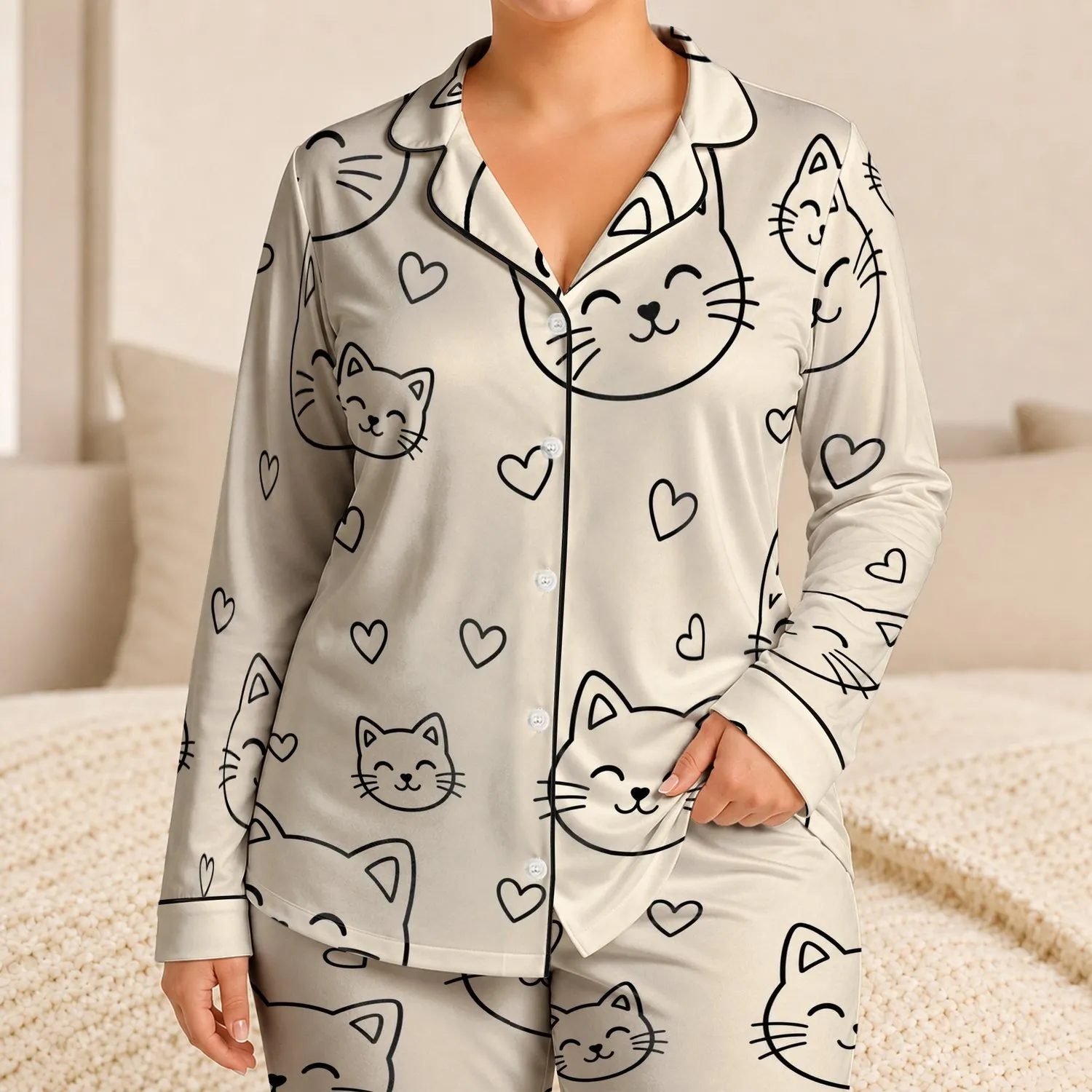 Cute Black Cat Face and Heart Repeat for Cozy Bedtime, Lounging, and Cat Lover Gifts Satin Pajamas Set - 1